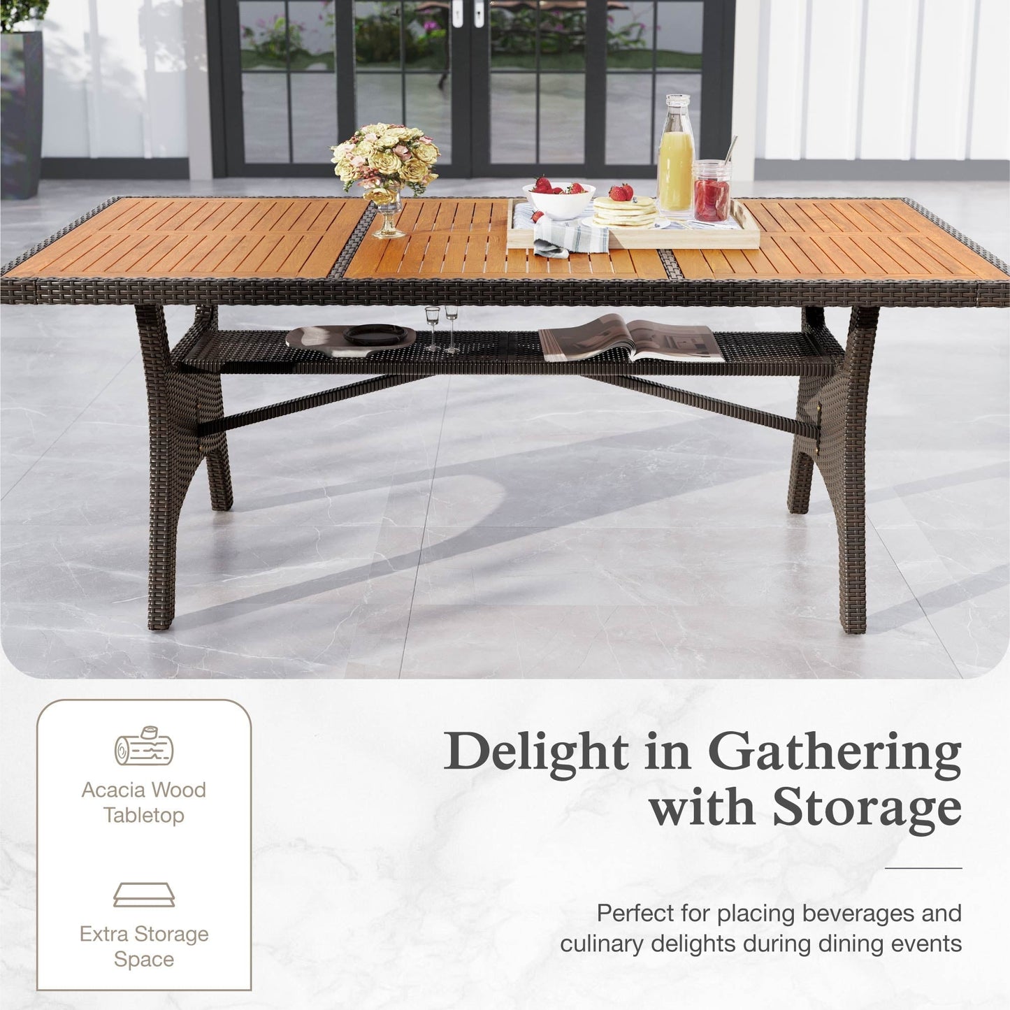 Alpha Joy Outdoor Acacia Wood Patio Dining Table for 6-8 Person, Dark Brown