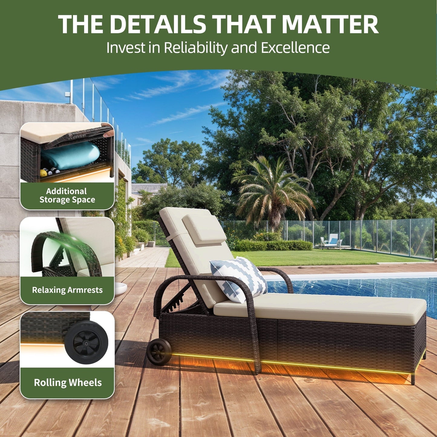 Uforic LED Outdoor Lounge Chair with 5-Level Recline, Wheels, Storage, Patio Wicker Chaise, Brown/Beige