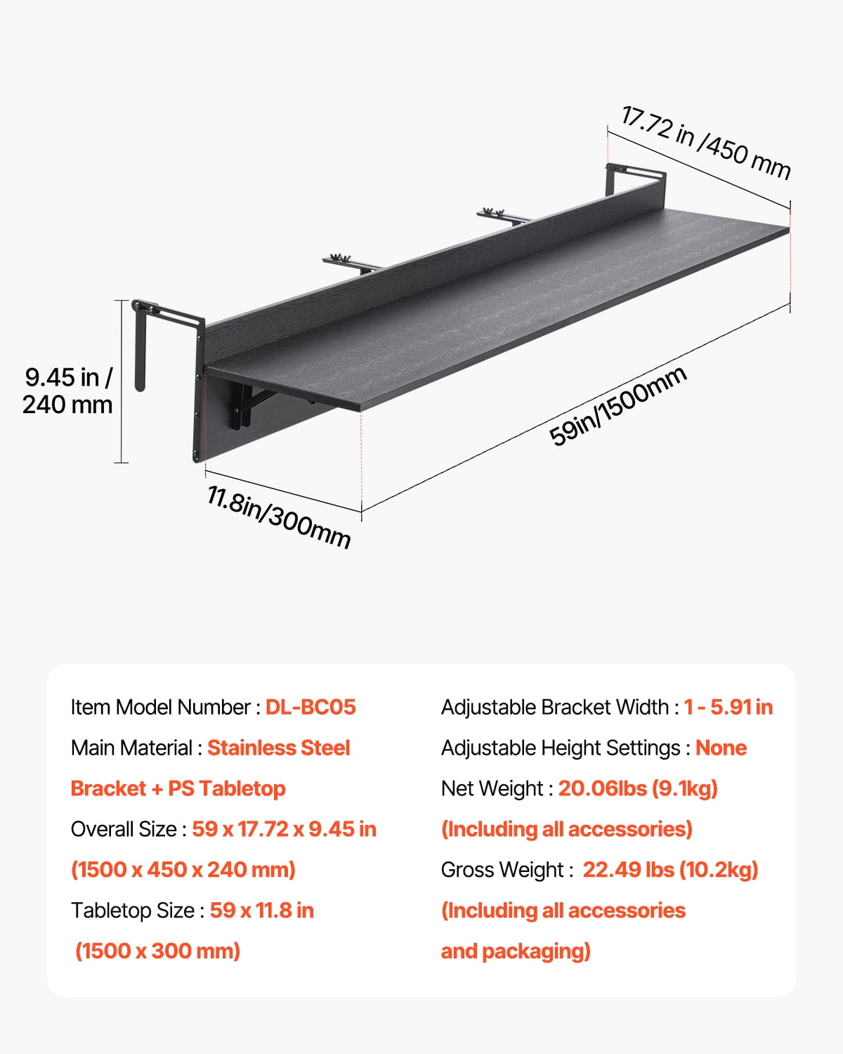 VEVOR Balcony Hanging Table, 12 x 59 in Folding Balcony Railing Table, Outdoor Balcony Bar Table for Railings, 50 lbs Loading, Fit Railing from 1" to 5.9", Serving Table for Patio & Deck