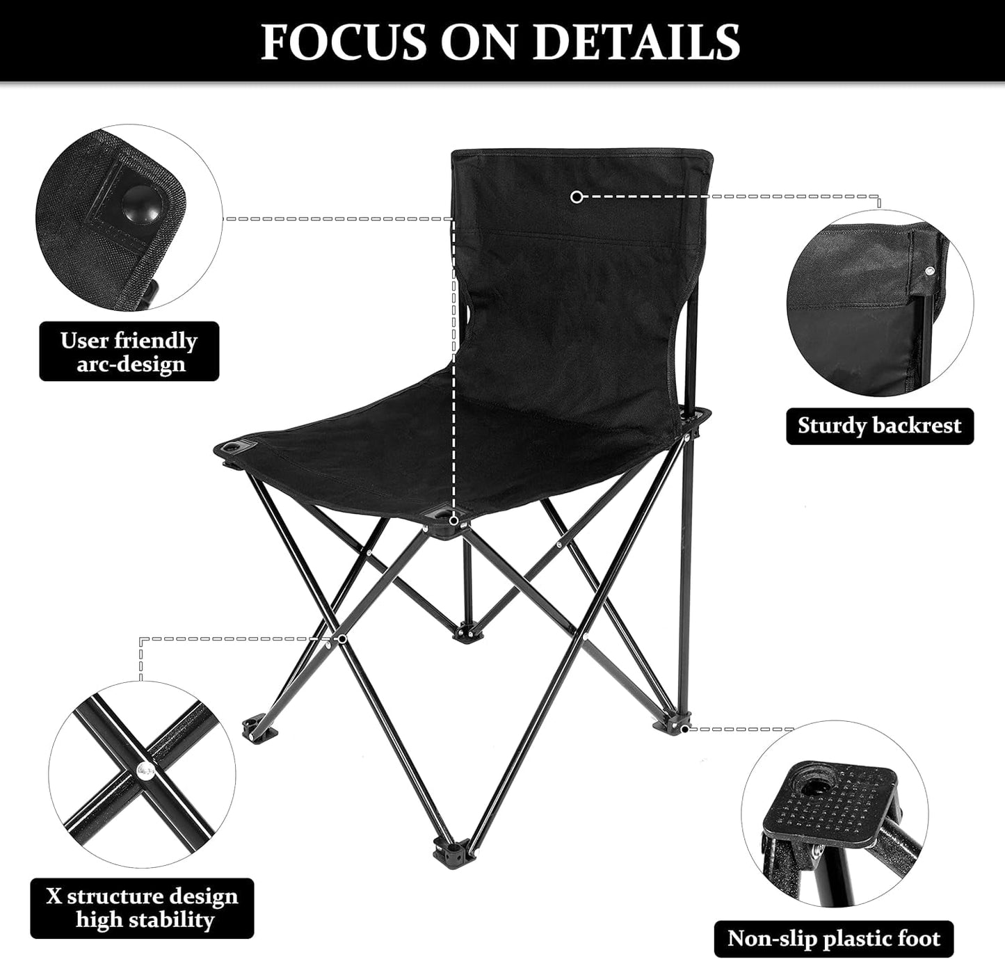 Folding Camping Chair for Adult with Carry Bag,Collapsible Anti-Slip Padded Oxford Cloth Stool for Hiking, Fishing,Picnic,Black,L