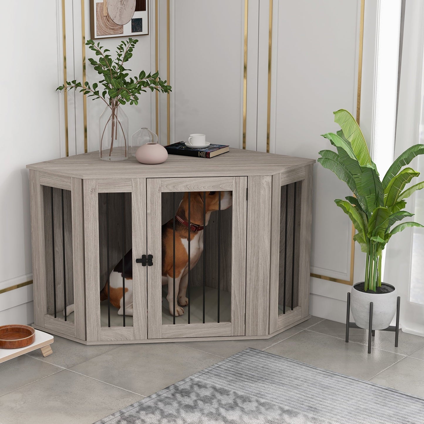 Noaman PawHut Corner Dog Crate Furniture, End Table Kennel for Large Dogs Up to 66lbs, 47.75"L x 24"W x 27.75"H, Walnut Brown with Cushion