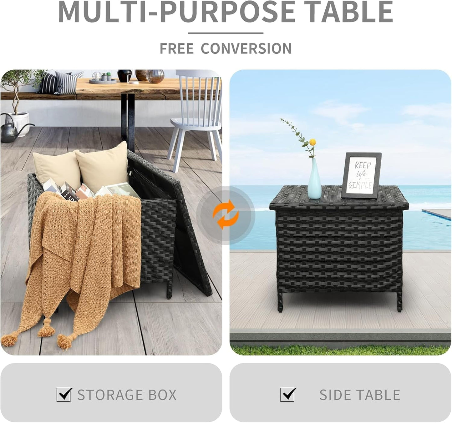 VibrantEcho Outdoor PE Wicker Side Table with Storage Patio End Table Resin Rattan Storage Table for Garden Backyard Porch Poolside, Black