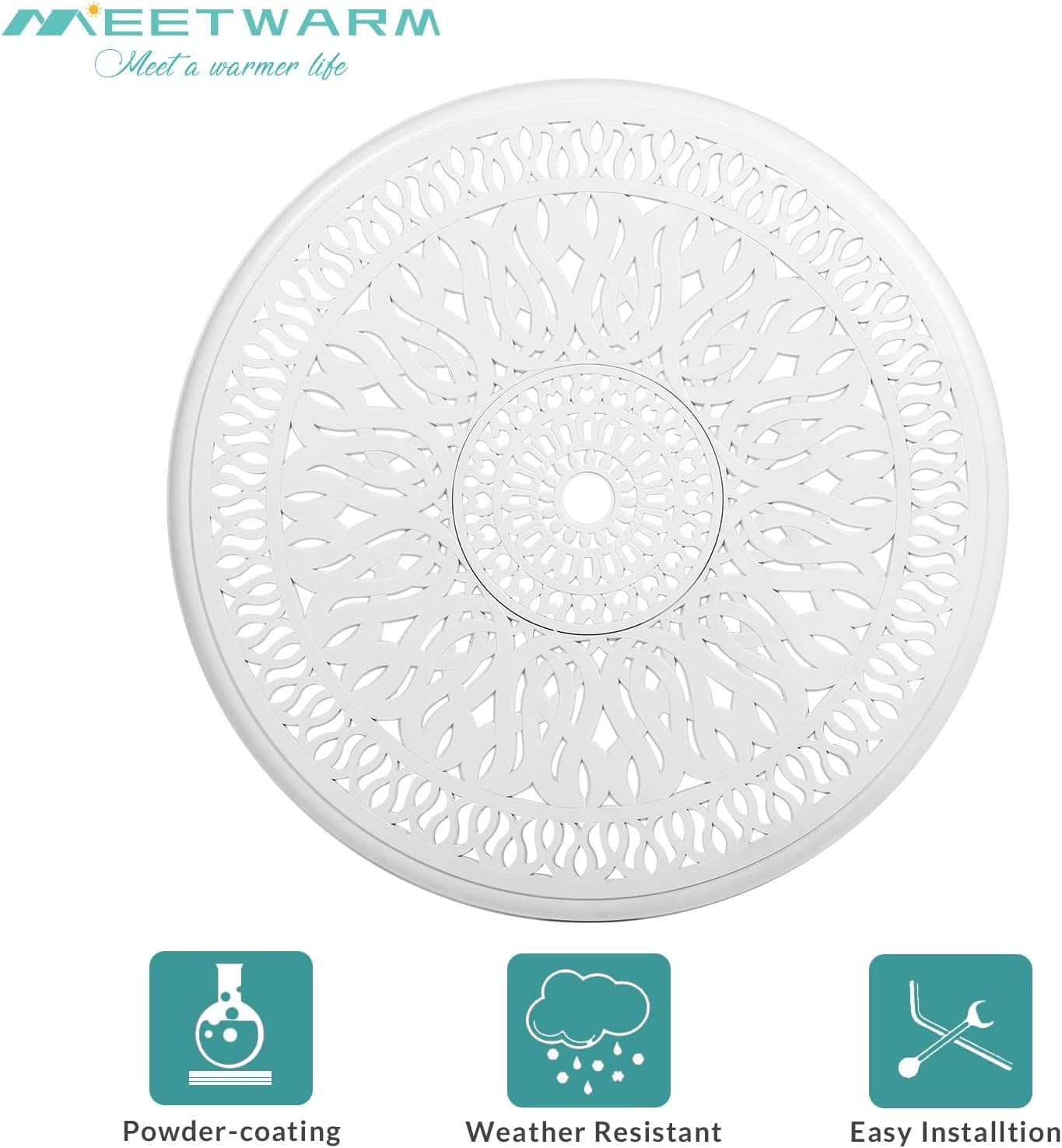 MEETWARM 35.4" Round Patio Dinning Table, Outdoor Cast Aluminum Dinning Table with 2" Umbrella Hole, White