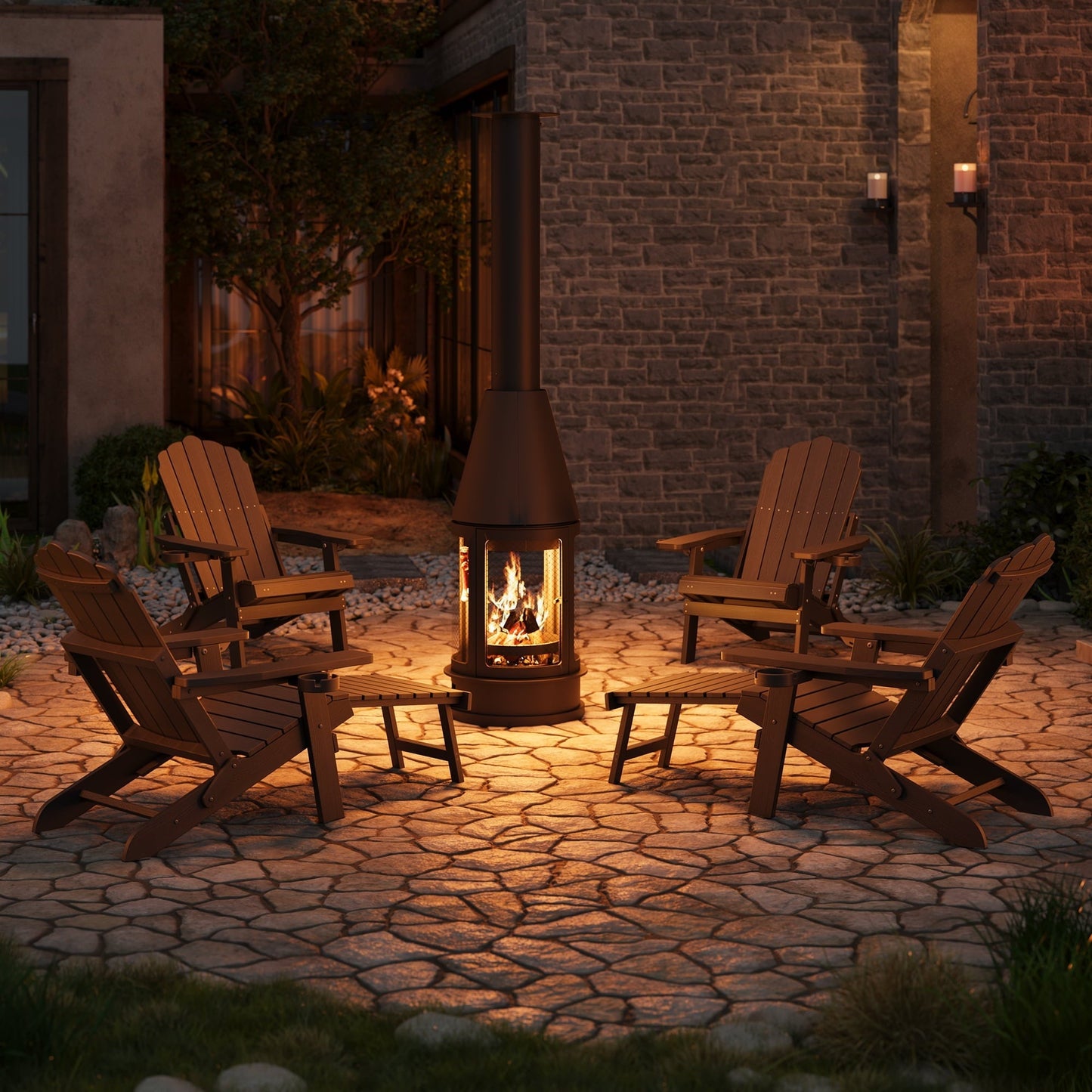 Asofer durable Folding Adirondack Chair and Retractable Ottoman, Wooden Textured with two Cup Holders，HDPE Poolside Backyard Lawn Coffee, Black