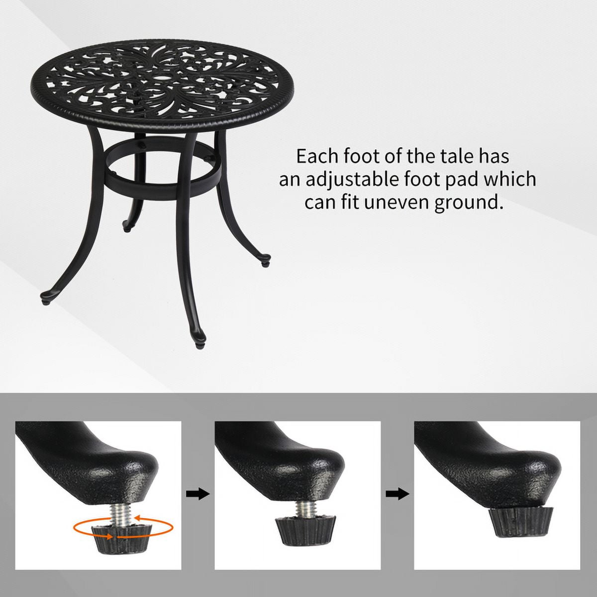 Black Cast Aluminum Outdoor Round Table with Phoenix Cutout, 23.6" Dia, 2" Umbrella Hole & Adjustable Feet for Patio Garden