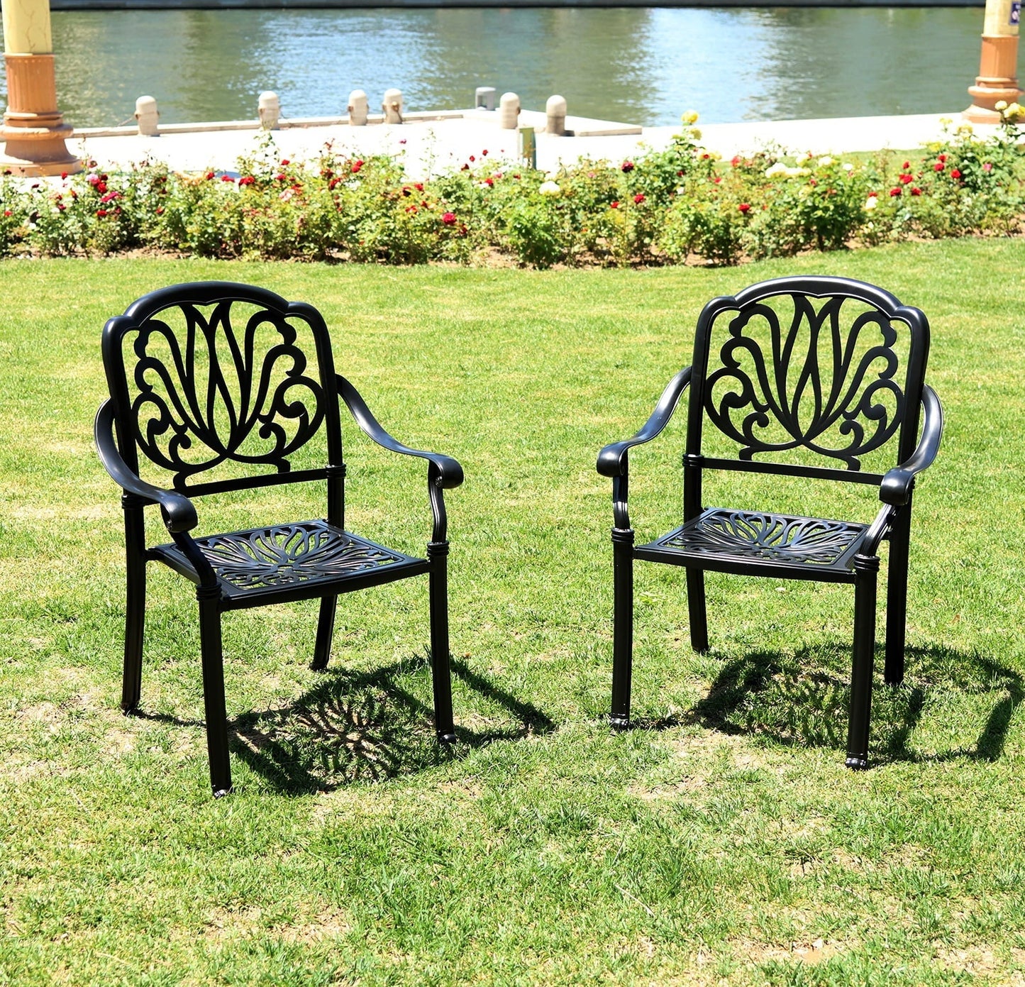 PATIO-IN Outdoor Dining Chairs Set of 4 Aluminum Patio Chairs,Stackable Cast Aluminum Patio Patio Dining Chairs for Garden, Backyard, Poolside,Balcony, Black (4 Pack)