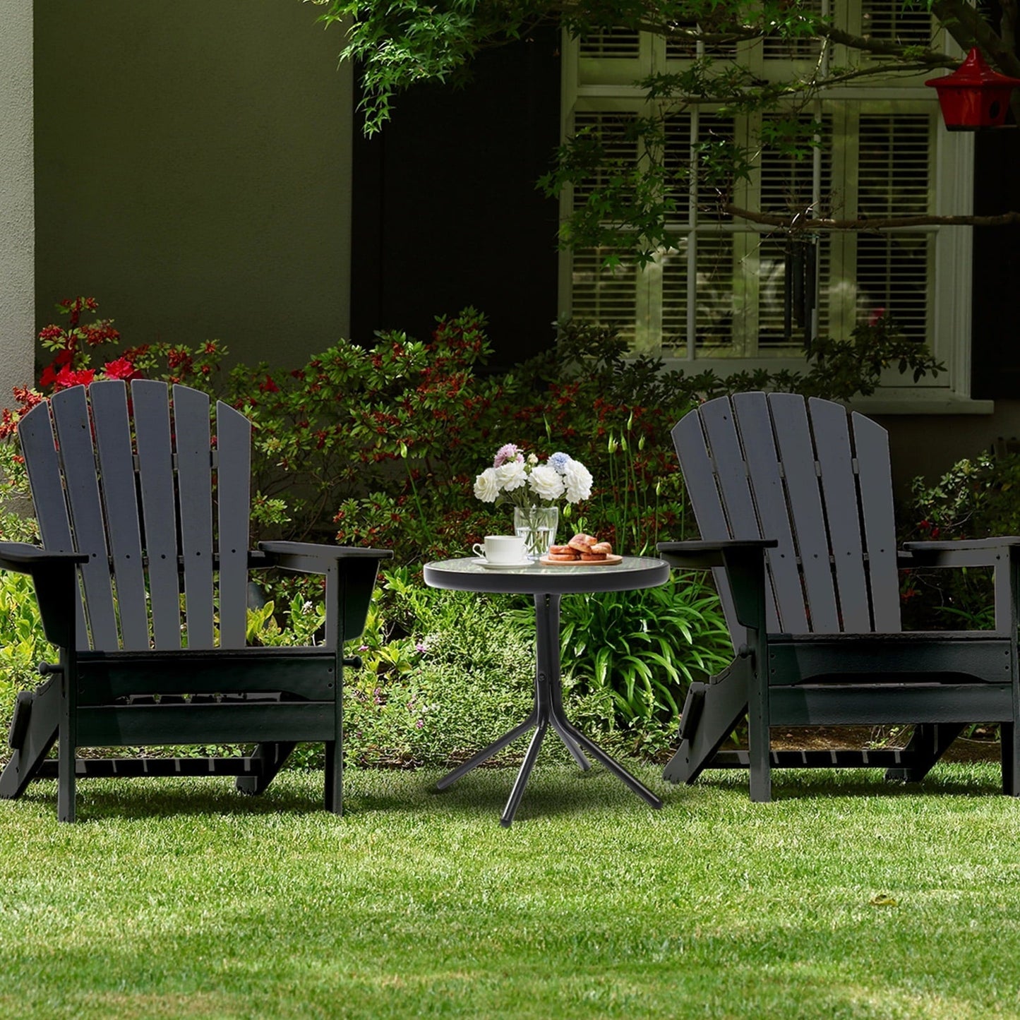 Zimtown 18" Round Tempered Glass Outdoor Patio Side Table, Metal Frame End Table, Black