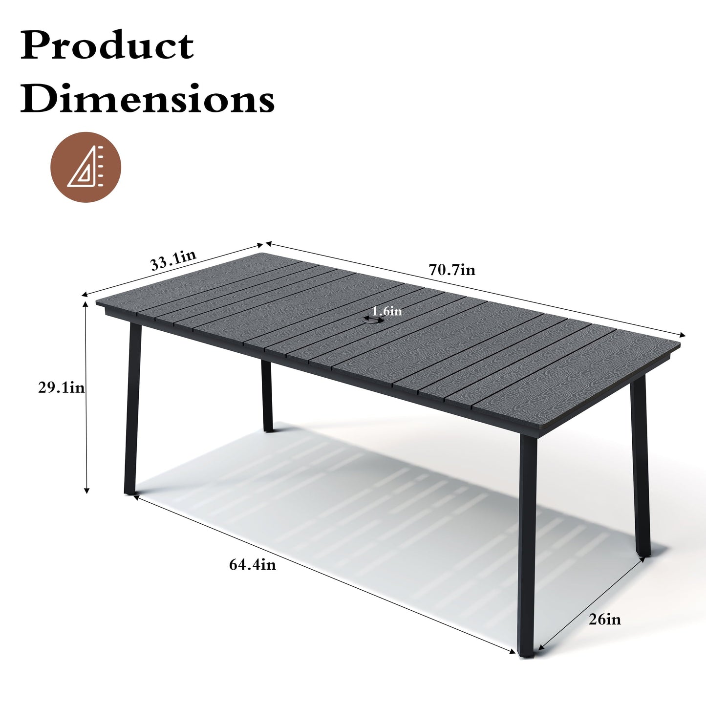 Pellebant 70.5" Outdoor Aluminum Patio Dining Table for 6-8 People, All-Weather Rectangle Table with Umbrella Hole for Garden, Deck, Lawn，Black