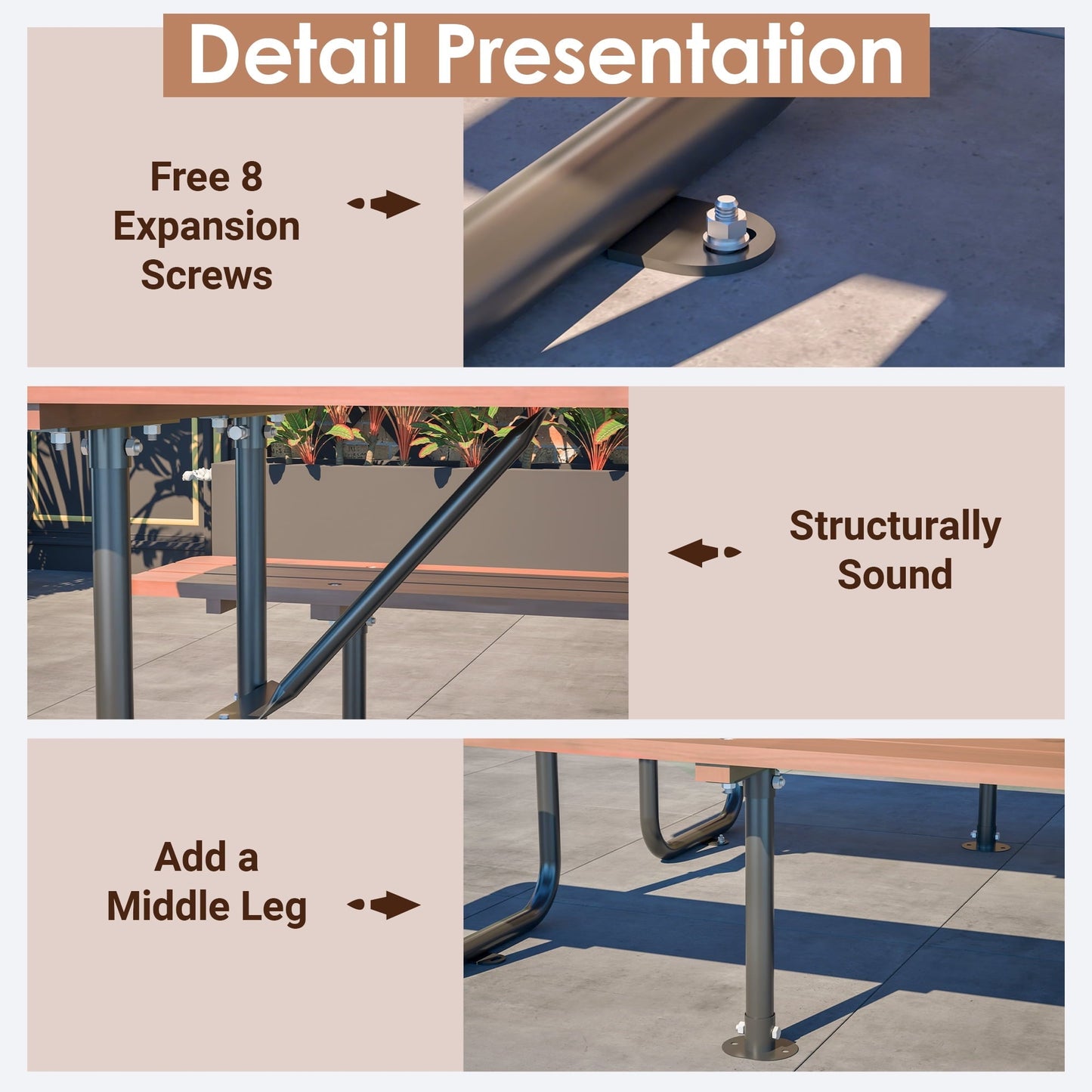 72" Wood Picnic Table w/Umbrella Hole for Outdoor, Rectangle Patio Dining Table and Bench Set, Heavy-Duty Picnic Beer Table Bench Set for Garden, Lawn & Backyard, Brown