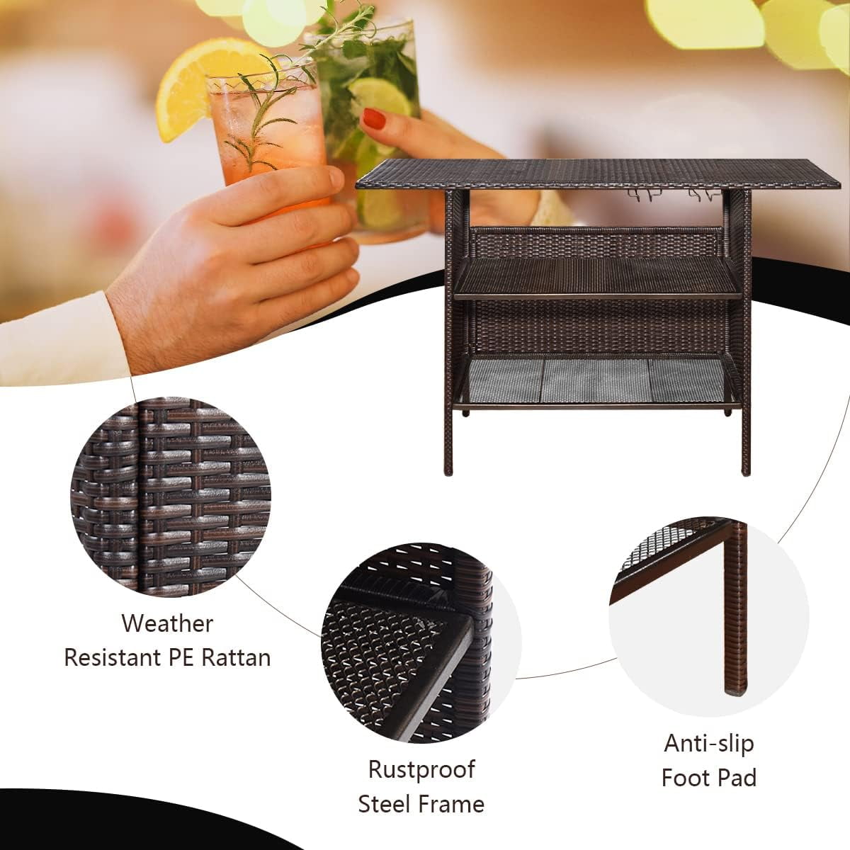 ReunionG Outdoor Wicker Bar Patio Rattan Counter Table with 2 Steel Shelves, 55.1" x 18.5" x 36.2"(L x W x H), Brown