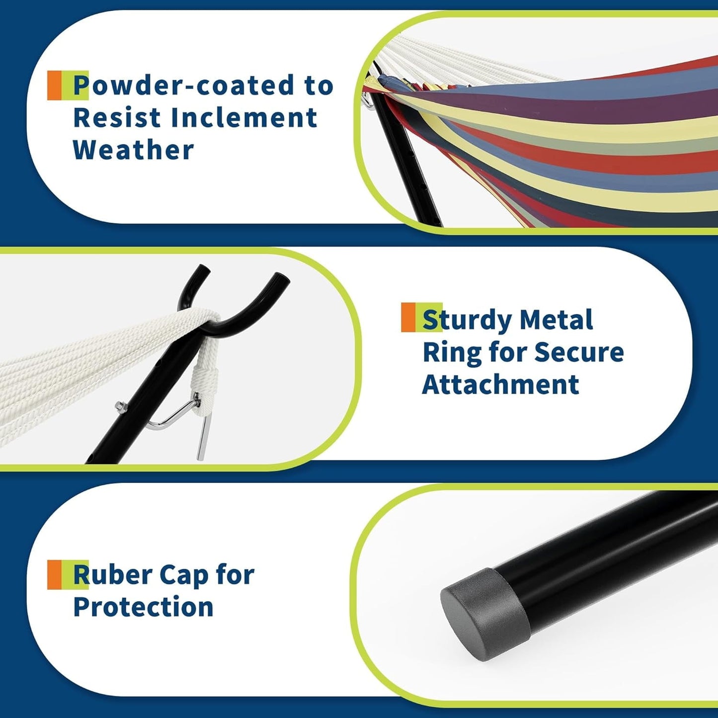 WildBreak Double Hammock 107.5 x 42.9 x 39.3", for 2-Persons, with Steel Stand, Multicolor