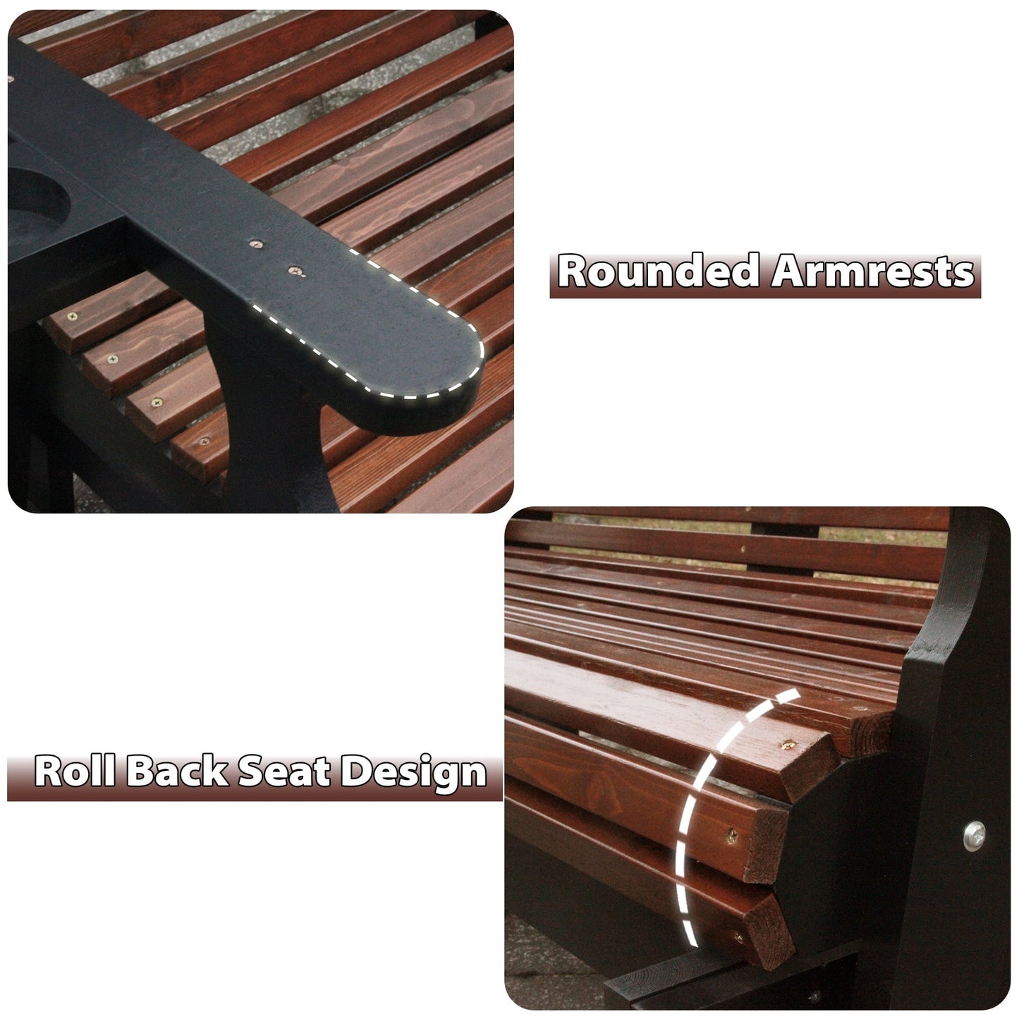 Beneouya Outdoor Glider Bench, Wooden Glider Chair with Cup Holders for Backyard, Garden Porch, Home, Dark Grey and Dark Brown