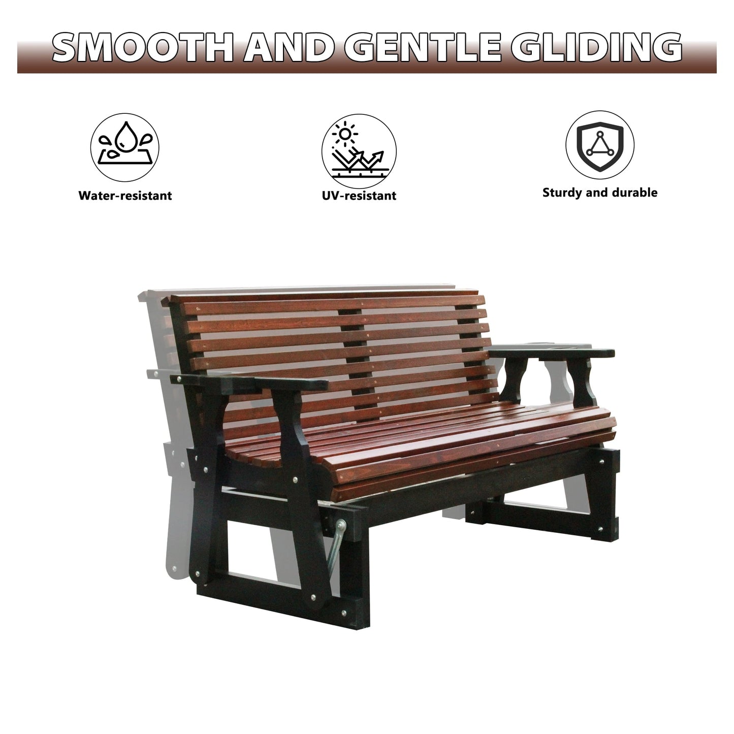 Beneouya Outdoor Glider Bench, Wooden Glider Chair with Cup Holders for Backyard, Garden Porch, Home, Dark Grey and Dark Brown