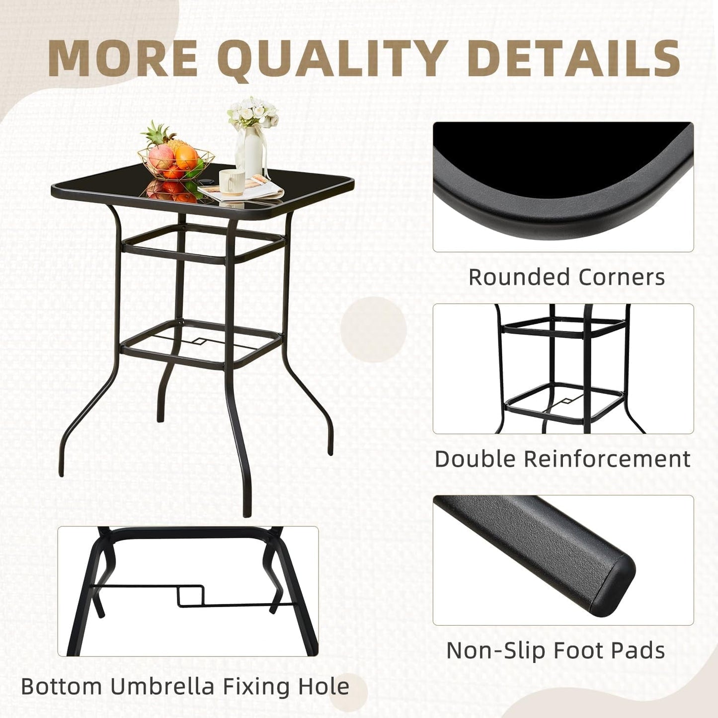 MELLCOM 32'' Outdoor Bar Table, Metal Outdoor Table with 1.57'' Umbrella Hole, High Top Patio Bar with Tempered Glass for Balcony, Backyard, Poolside, Garden, Black
