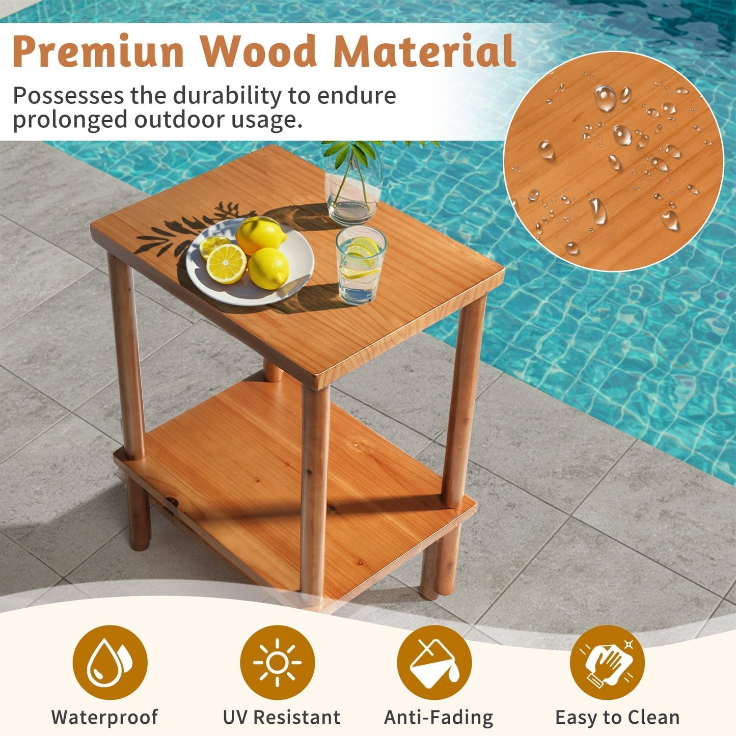 Ktaxon 2-Tier Outdoor Wood End Table, Weather Resistant Small Patio Side Table for Garden Patio Balcony Pool Indoor, Teak