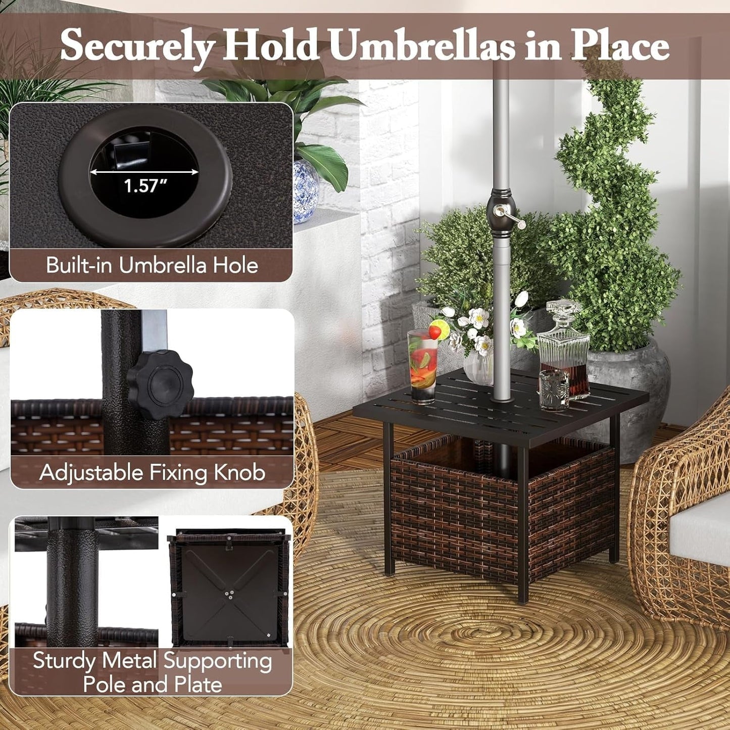 GaoJ Outdoor Side Table with Umbrella Hole, 22" Wicker Umbrella Stand Holder and Base, Weather-Resistant PE Rattan Patio End Table for Deck Garden Poolside (Metal Tabletop, Brown)