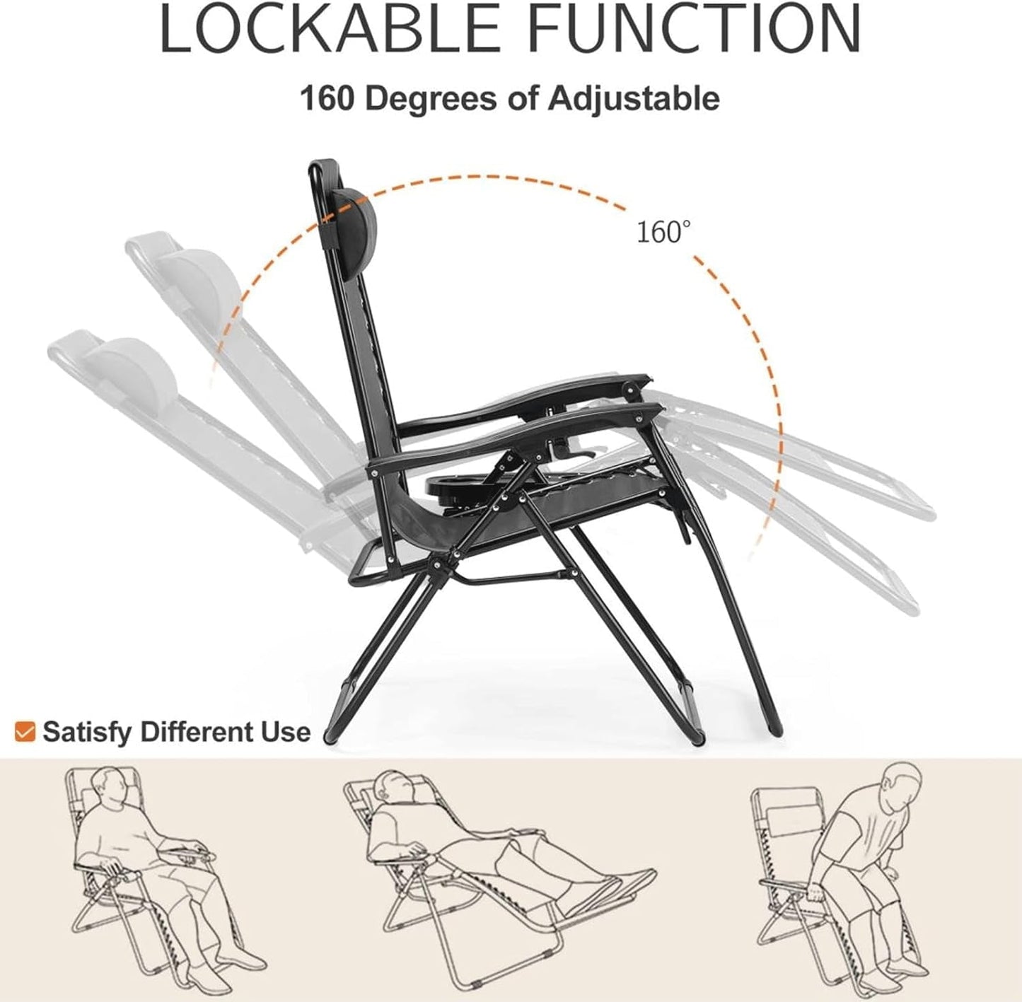 Atilioo Zero Gravity Chairs Set of 2, Adjustable Folding Recliner, Portable Lounge Chair with Steel Frame, Mesh Fabric, Cup Holder Trays & Pillow for Beach, Camping & Patio, Black