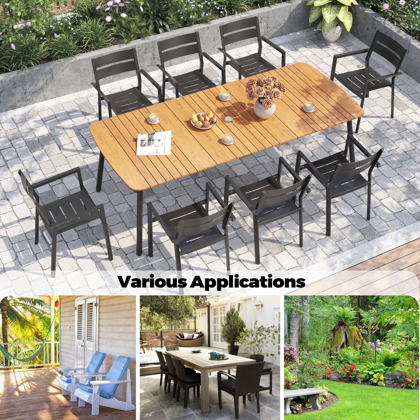 Pellebant 93" Outdoor Dining Table for 8–10 People, Patio Rectangle Table with Wood-Like Tabletop and Umbrella Hole, Aluminum Frame for Garden, Lawn, or Backyard, Brown