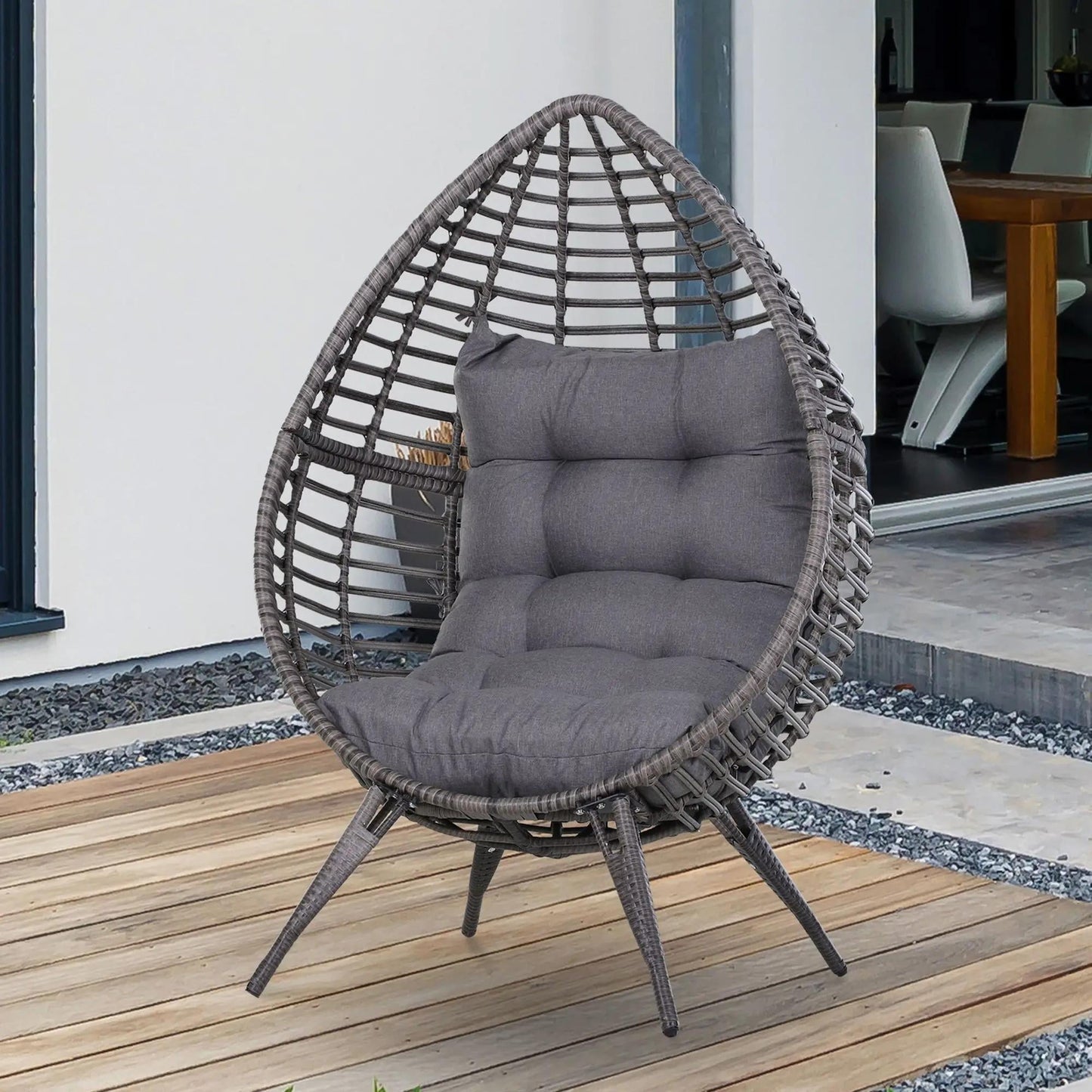 Resenkos Elevated Wicker Egg Chair With Soft Cushion, Teardrop Seat for Indoor/Outdoor Patio Use, Adjustable Height Plastic Rattan Furniture With Padded Feet, Gray