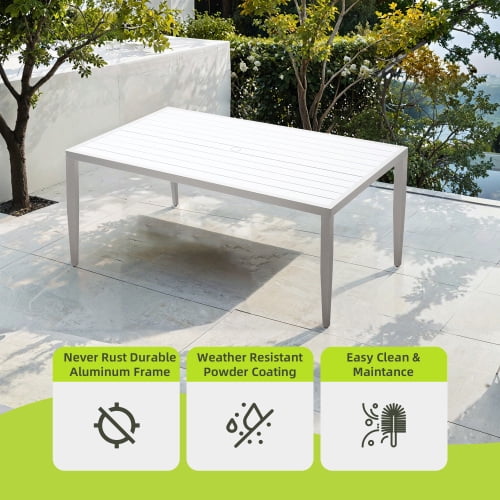 Rectangle Dining Table with Tapered Feet & Umbrella Hole, Matte White+ Grayish Outdoor Patio Aluminum 40"x70" Two-tone Table Top
