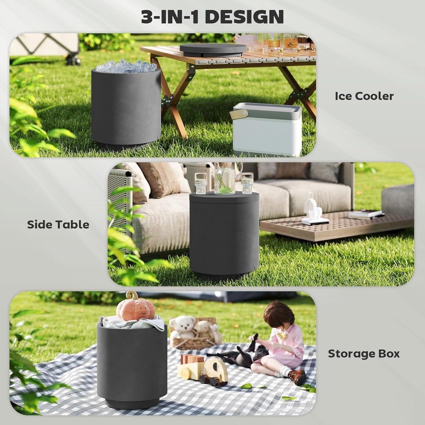 GaoJ 2.6 Gal Outdoor Cooler Side Table, 3-in-1 Cool Coffee Table with Storage, Removable Ice Bucket and Lid, Concrete Small Patio Table for Party, Poolside, Deck, Charcoal Gray