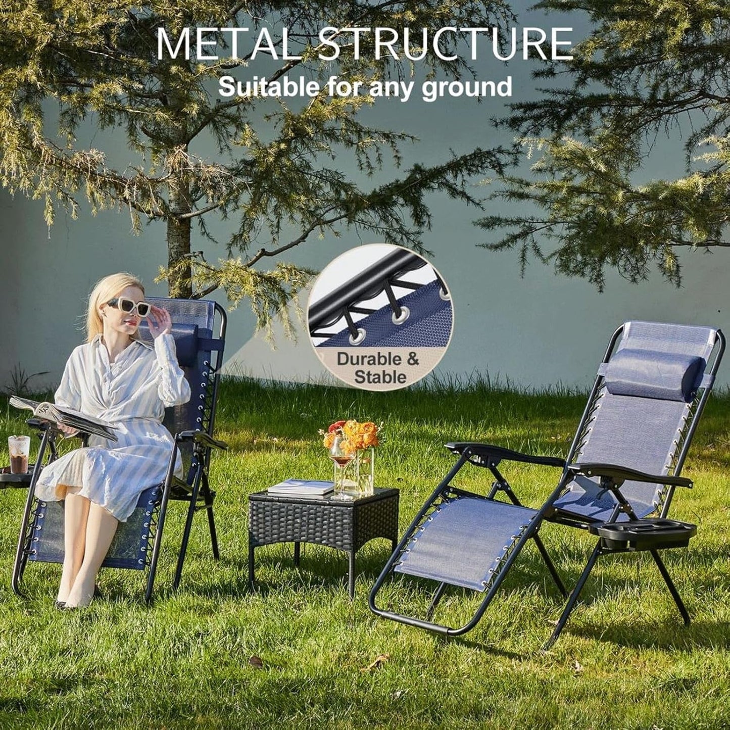 Atilioo Zero Gravity Chairs Set of 2, Adjustable Folding Recliner, Portable Lounge Chair with Steel Frame, Mesh Fabric, Cup Holder Trays & Pillow for Beach, Camping & Patio, Blue