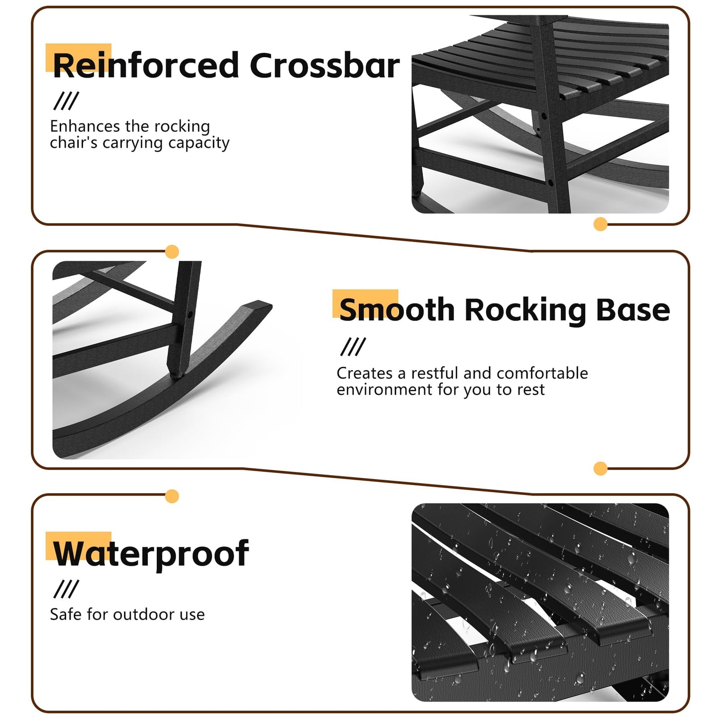 FICARTS High Back HDPE Outdoor Rocking Chair - All Weather Patio Porch Rocker with 44.92” Height (Black)