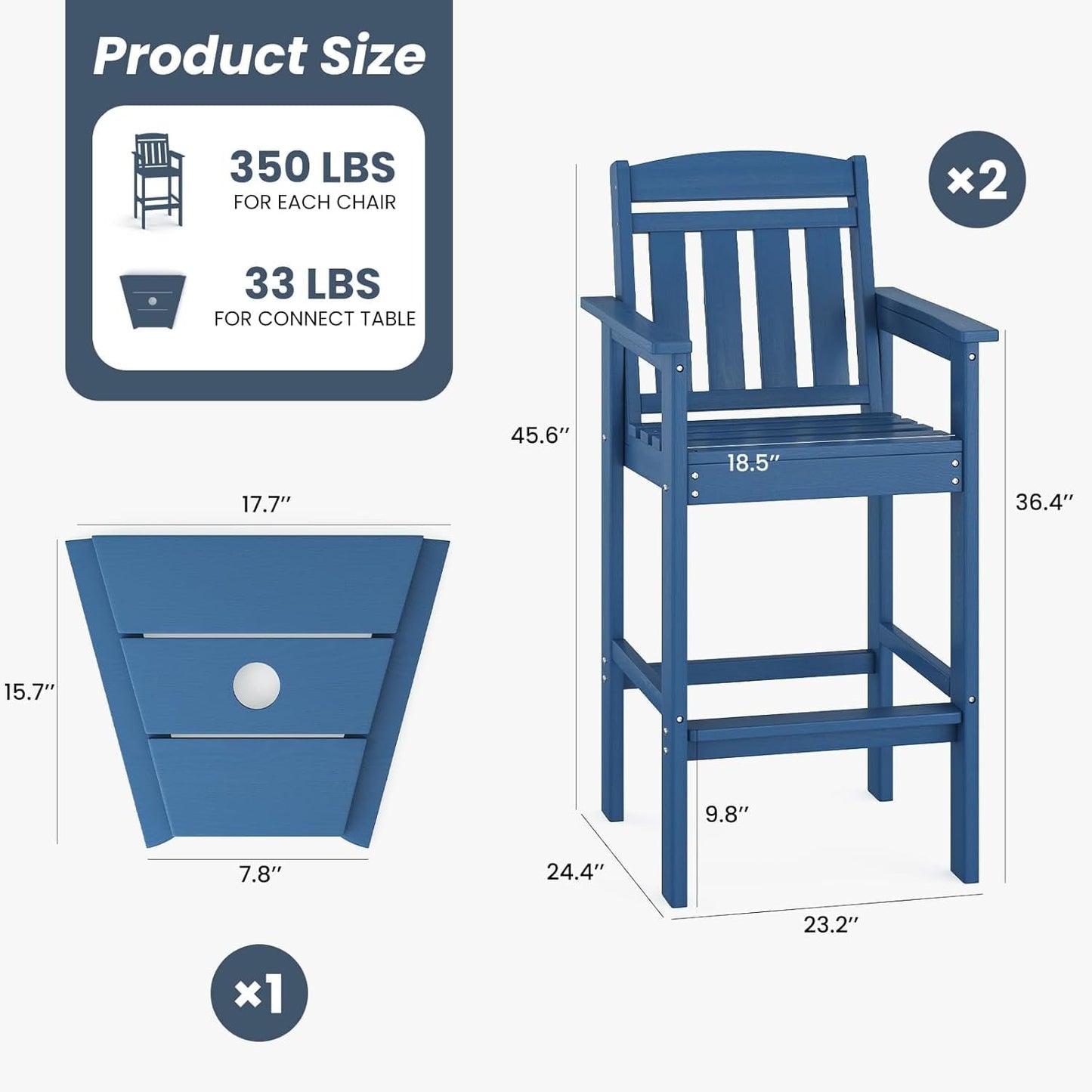 STARY Tall Adirondack Chairs Set of 2, HDPE Adirondack Bar Stools with Connecting Tray, Bar Height Adirondack Chair Patio Barstool, Ideal All Weather Tall Patio Chair for Balcony, Poolside, Backyard