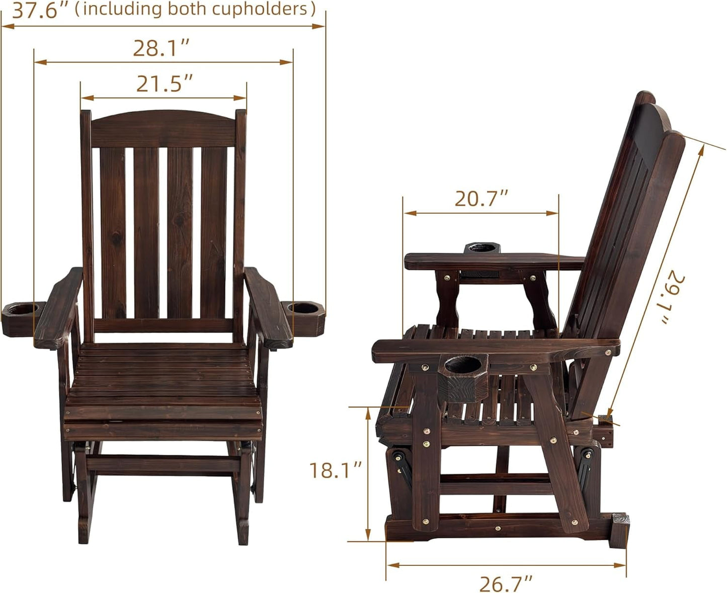 Fortune Candy Wooden Patio Glider with High Back and Deep Contoured Seat for 1 Person, Deep Brown