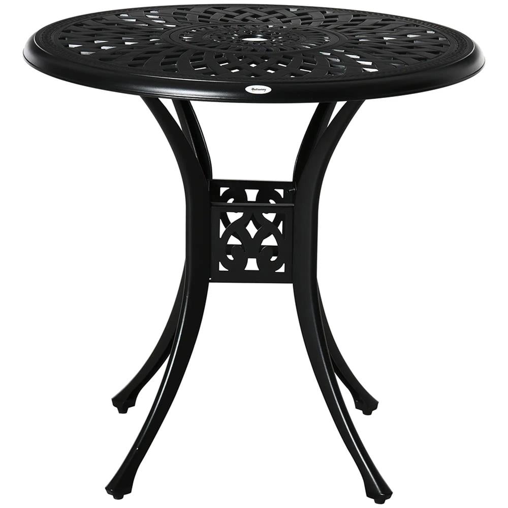 Topcobe 30" Round Patio Dining Table with Umbrella Hole, Antique Cast Aluminum Outdoor Bistro Table Only, Modern Furniture for Outdoor, Black