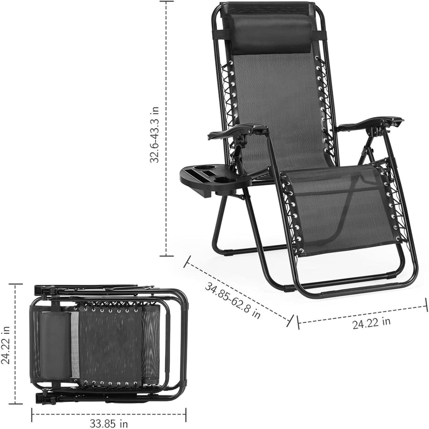 Atilioo Zero Gravity Chairs Set of 2, Adjustable Folding Recliner, Portable Lounge Chair with Steel Frame, Mesh Fabric, Cup Holder Trays & Pillow for Beach, Camping & Patio, Black