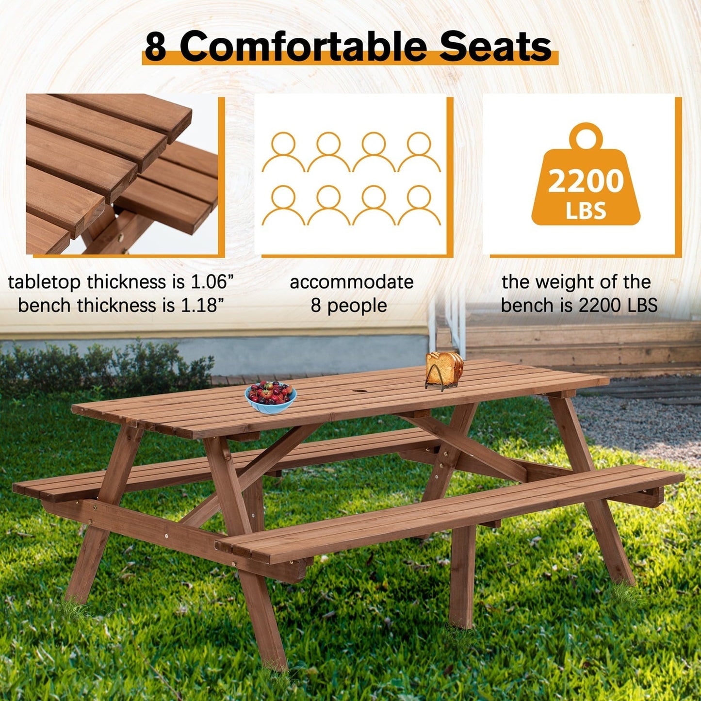 75-Inch Wooden Picnic Table, 8-Person Outdoor Dining Table with 2 Built-In Benches, 2,220 lbs Capacity, Durable Brown Wood for Garden, Patio, Camping, and DIY Projects(Brown)