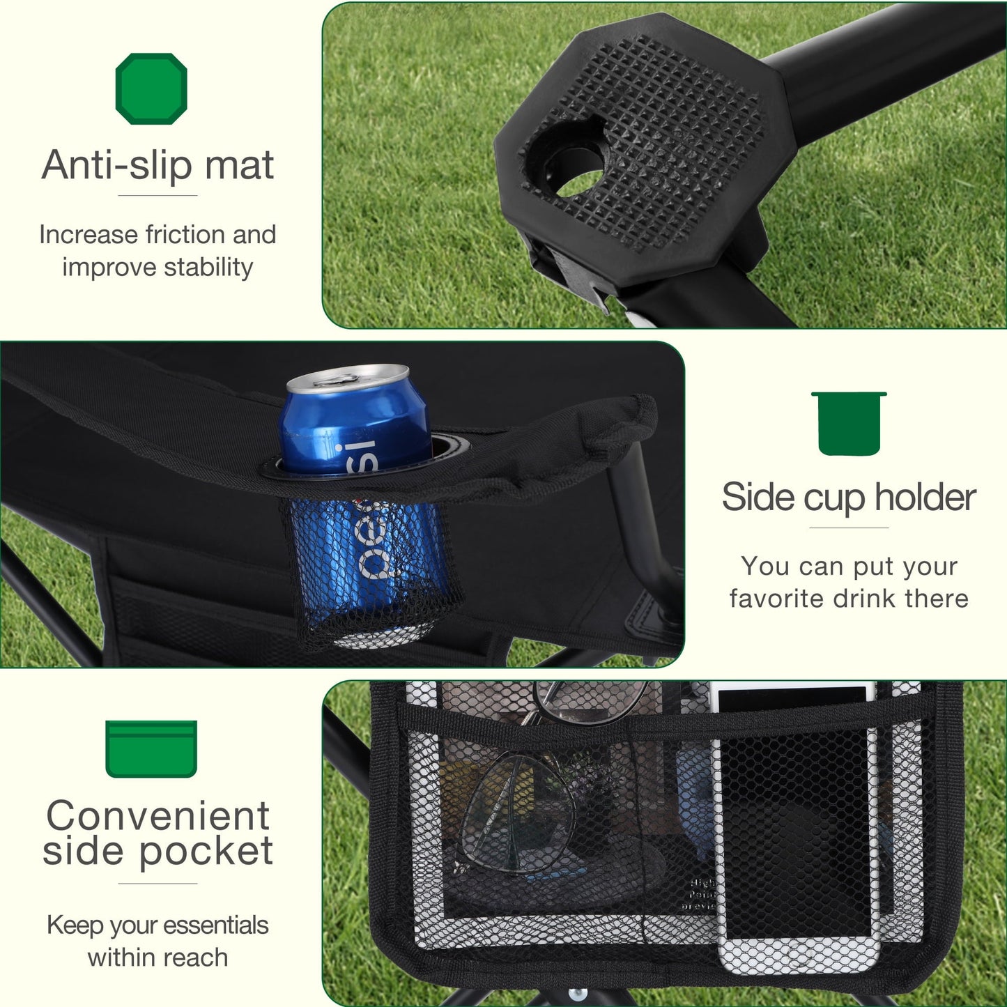 Sophia & William 2 Pack Camping Chairs Portable Outdoor Folding Chairs with Cooler Bag, Black