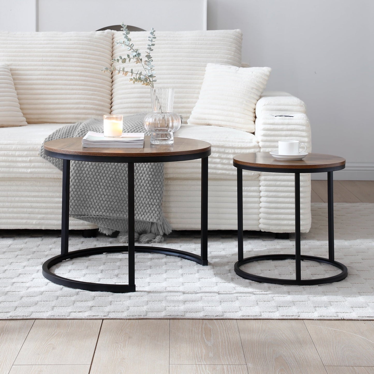 Funnil Nesting Coffee Table Set of 2, Wooden Round Coffee Table Set, Modern Circle Side Table, Accent End Side Table for Living Room, Office, Balcony, Brown