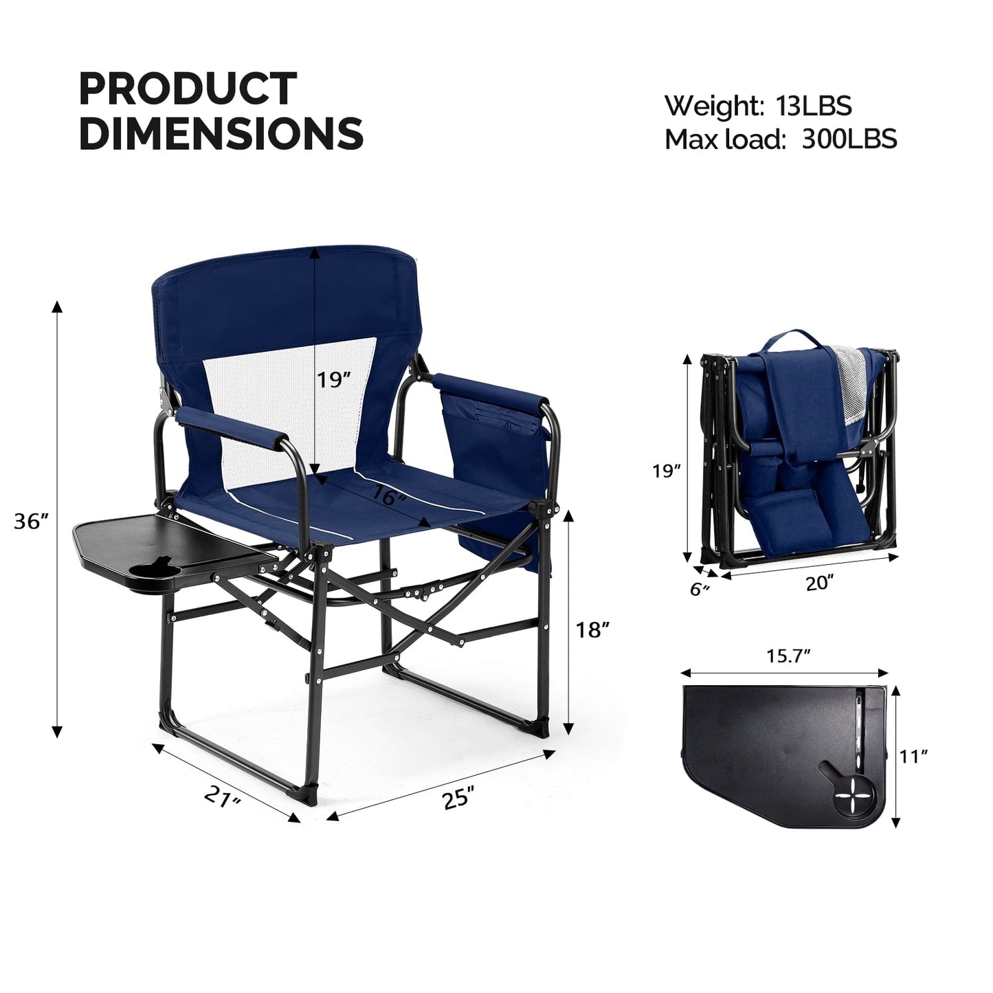 Ktaxon 1Pc Camping Chairs, Heavy Duty Folding Directors Chair with Side Table & Carry Bag, Fishing Seating for Adult, Suitable for Beach Picnic Lawn, Blue