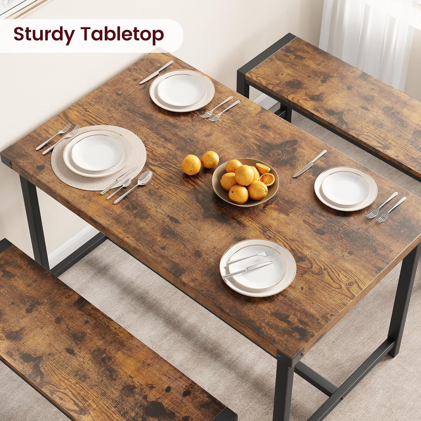 3 Piece Dining Table Set for 4 with Space-Saving Benches, Tabletop, Steel Frame, Modern Farmhouse Kitchen Table for Small Spaces ‎Rustic Brown