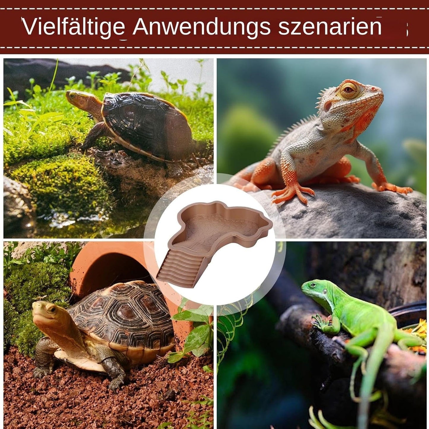 Tortoise Water Dish with Ramp and Basking Platform, Reptile Food Dish Turtle Water Bowl, Reptile Bathing Pool Amphibians Habitat Accessories for Lizard, Box Turtle, Horned Frog