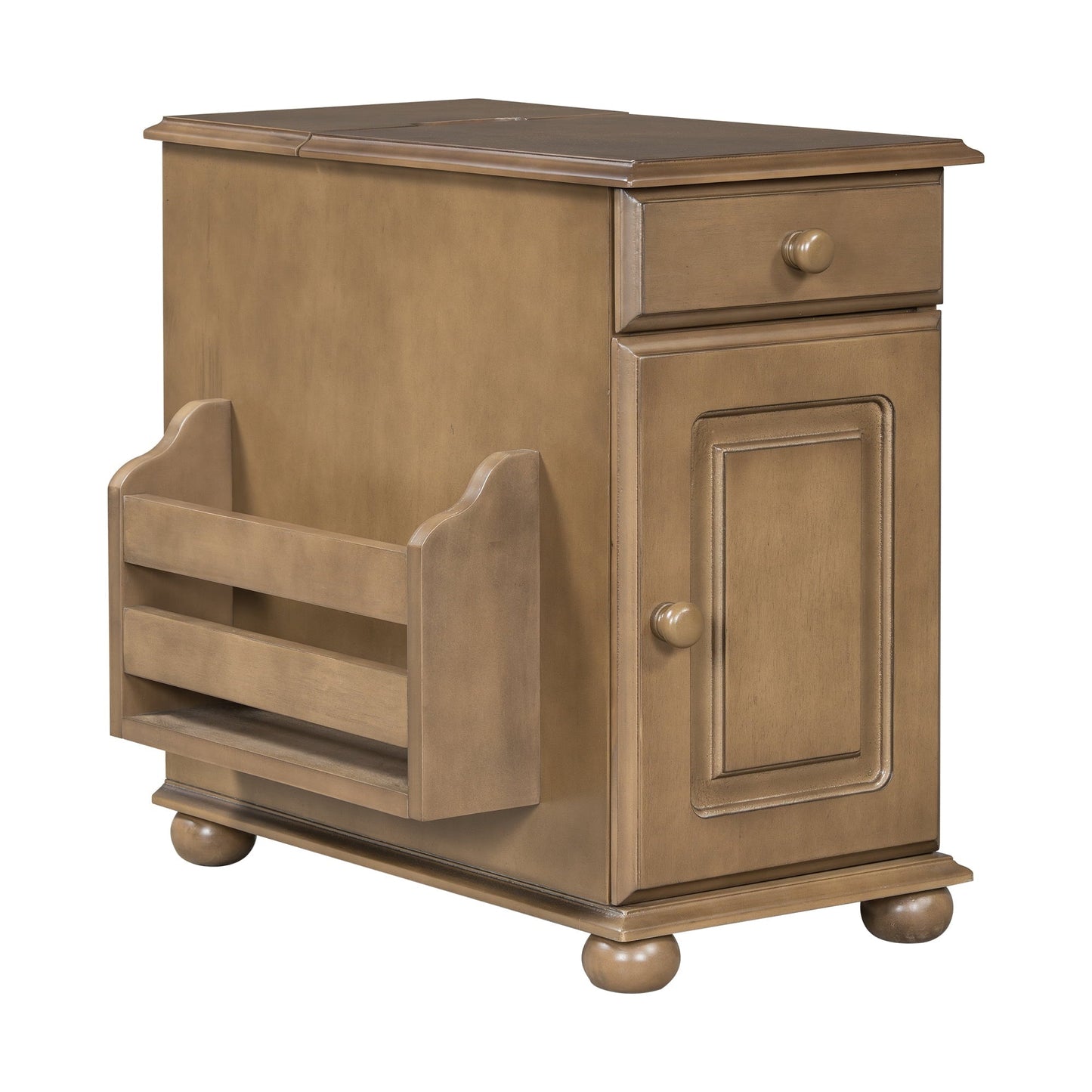 U-Can Vintage End Table Flip Top Side Table with USB Ports, One Multifunctional Drawer with Cup Holders, Sofa Couch Table with Bookshelf for Living Room and Small Space