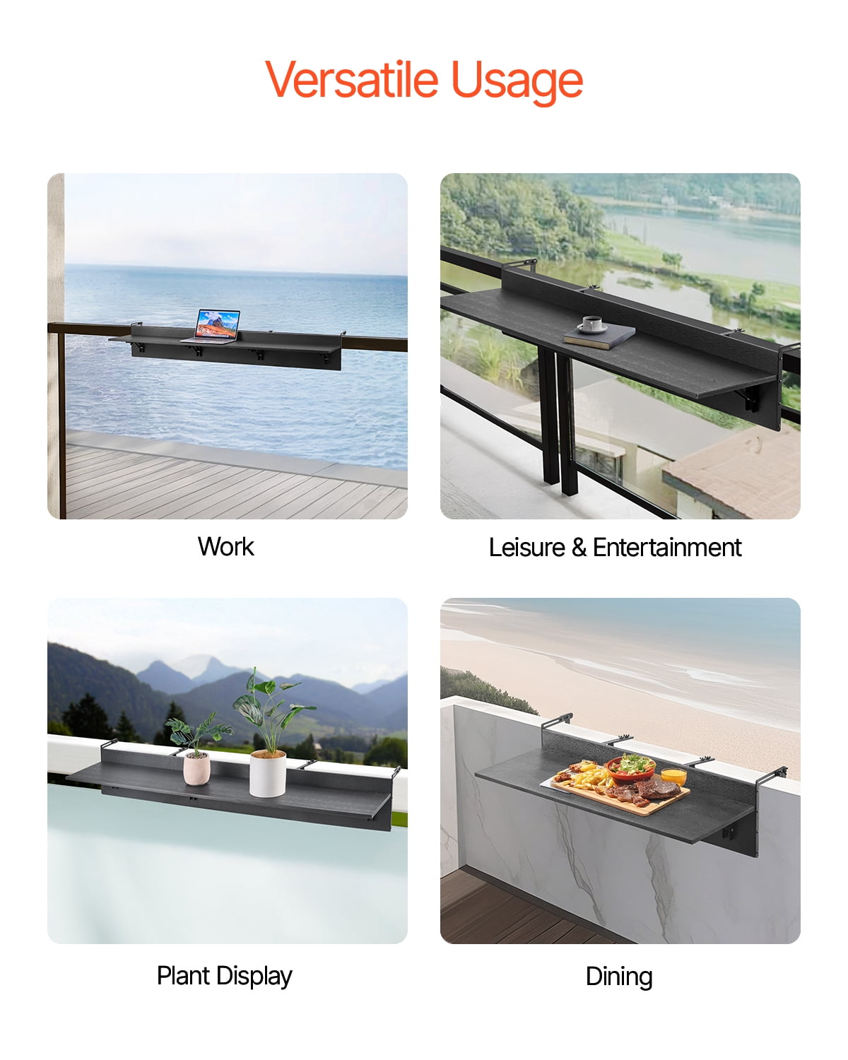 VEVOR Balcony Hanging Table, 12 x 59 in Folding Balcony Railing Table, Outdoor Balcony Bar Table for Railings, 50 lbs Loading, Fit Railing from 1" to 5.9", Serving Table for Patio & Deck