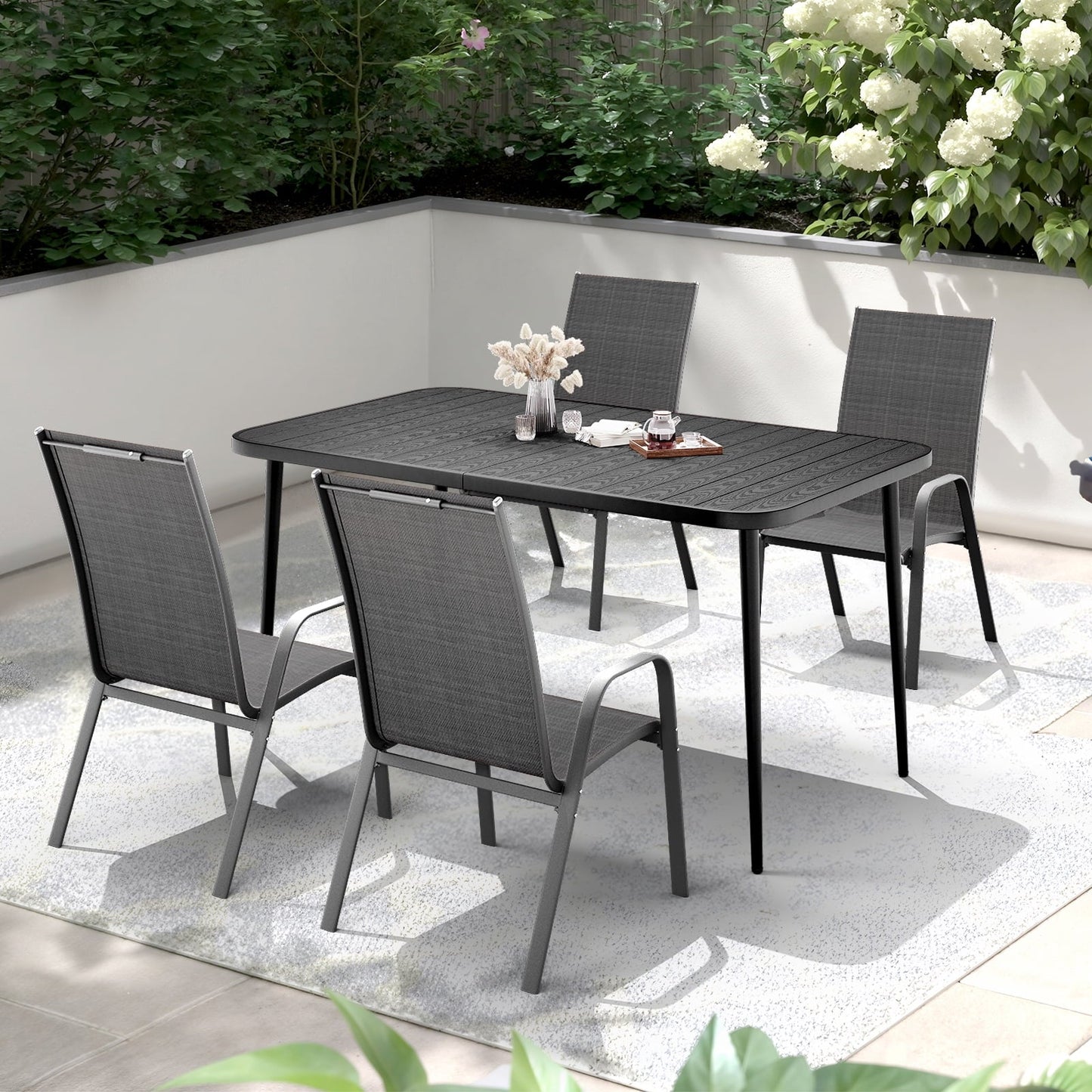 JUSTLET 6-Person Heavy-Duty Outdoor Rectangular Metal Dining Table – Rust-Resistant, Waterproof, Sunproof, All-Weather Patio Table for Garden, Deck, Porch, Backyard – Brown