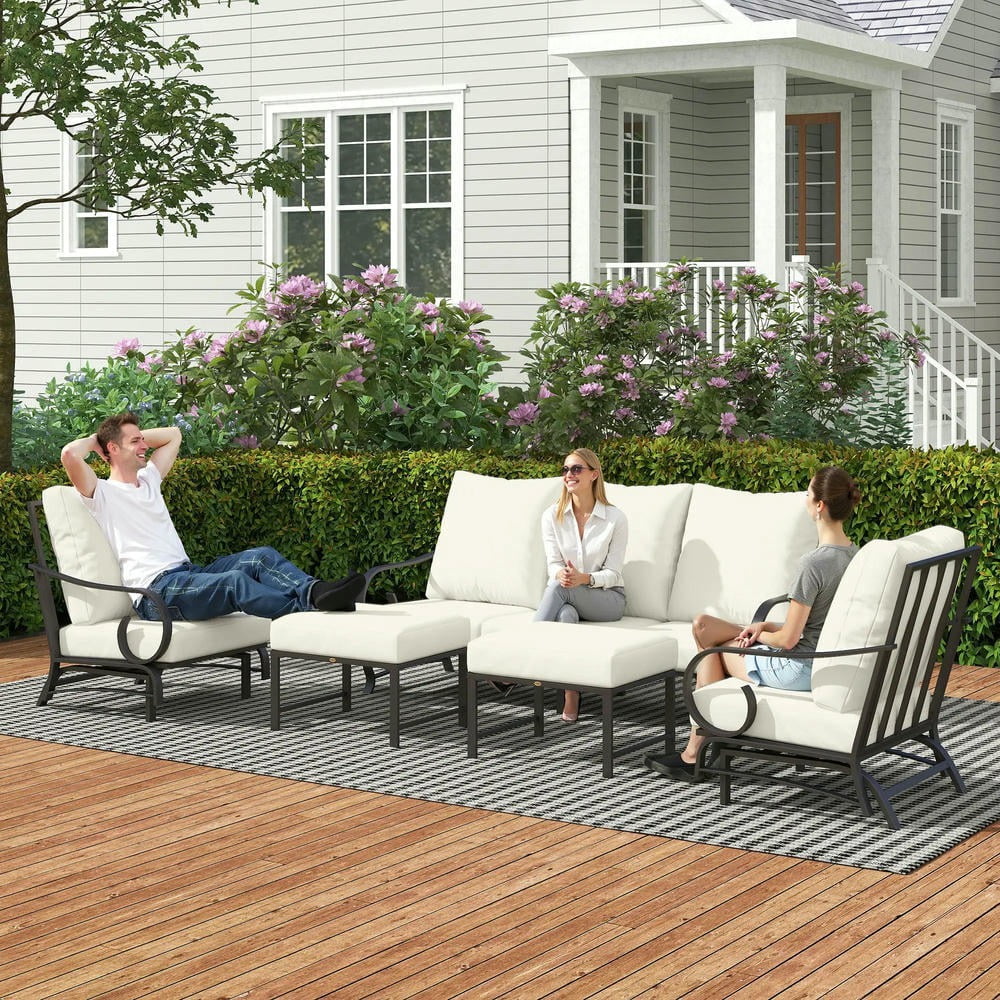 YYAo Outdoor Conversation Sets,Patio Furniture Sets,5 Piece Backyard Patio Furniture Set, Outdoor Furniture Set with 2 Rocking Chairs, 3-Seat Sofa, and 2 Ottomans, Beige