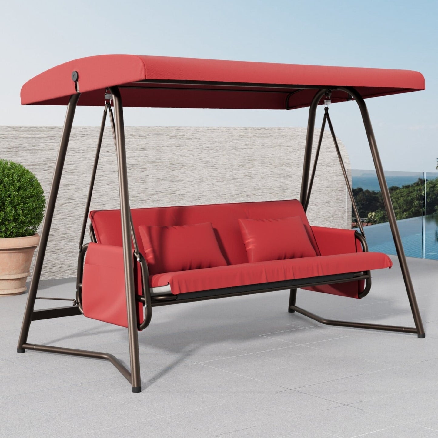 3-Seater Outdoor Patio Metal Swing Chair with Cushion and Adjustable Canopy, Comfortable Leisure Swing Bed with Adjustable Backrest, for Yard, Patio, Garden, Red