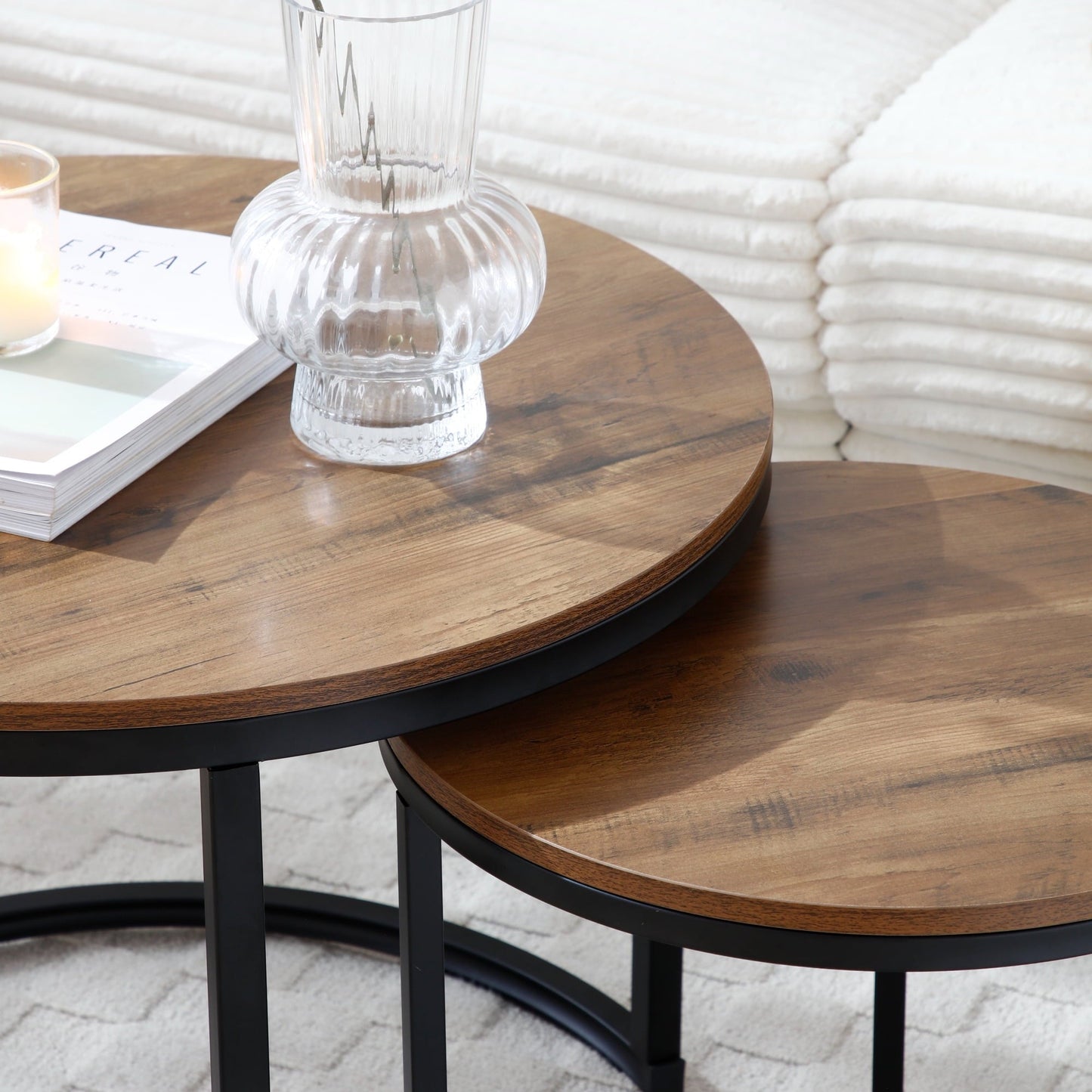 Funnil Nesting Coffee Table Set of 2, Wooden Round Coffee Table Set, Modern Circle Side Table, Accent End Side Table for Living Room, Office, Balcony, Brown