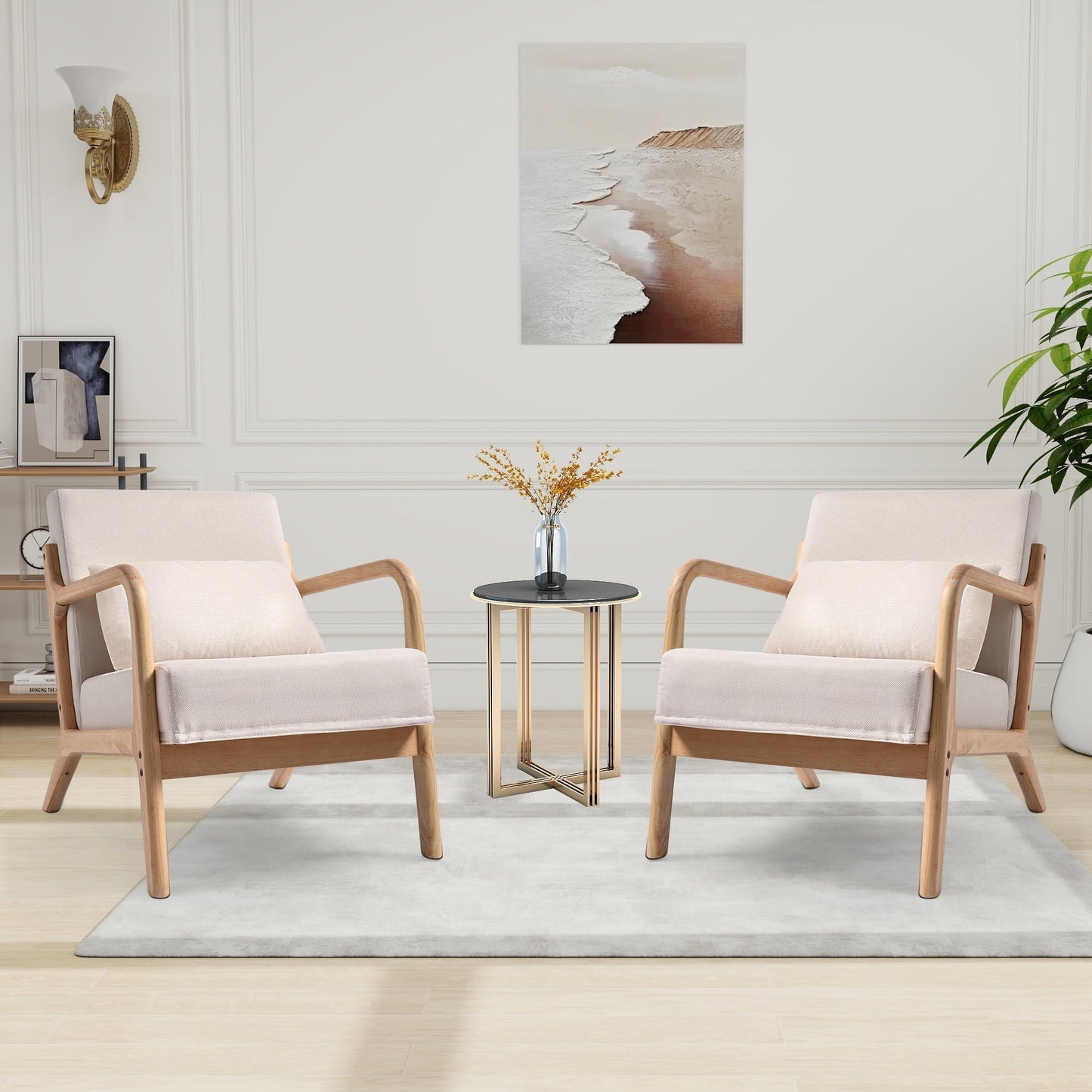 YEEZEE Mid Century Modern Chair - Solid Wood Accent chair with Ergonomic Armrests and Lumbar Pillow