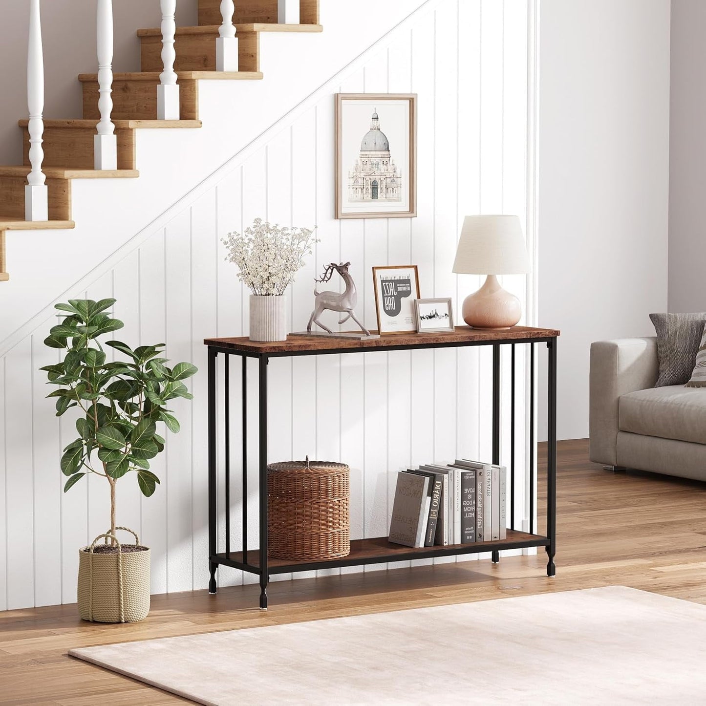 41.3" Entryway Table, Narrow Sofa Table with 2-Tier Storage Shelves & Black Metal Frame, Display Stand and Organizer for Living Room Entryway Office Hallway Bedroom, Retro Color