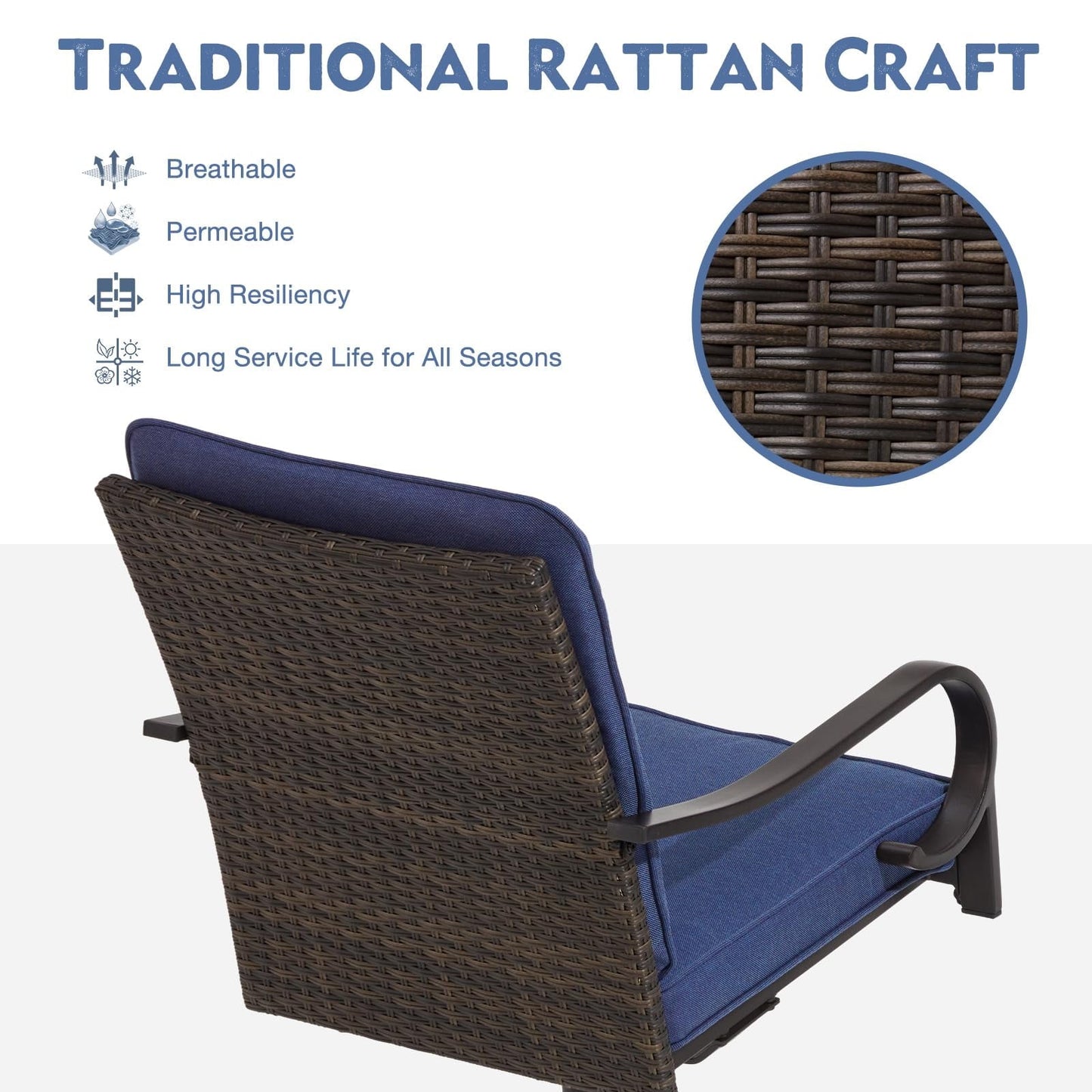 MELLCOM Patio Swivel Chair Set of 2, Outdoor Dining Chairs with Thickened Cushions, Wicker Chairs with Gentle Rocker for Porch, Garden, Backyard, Poolside, Deck, Blue