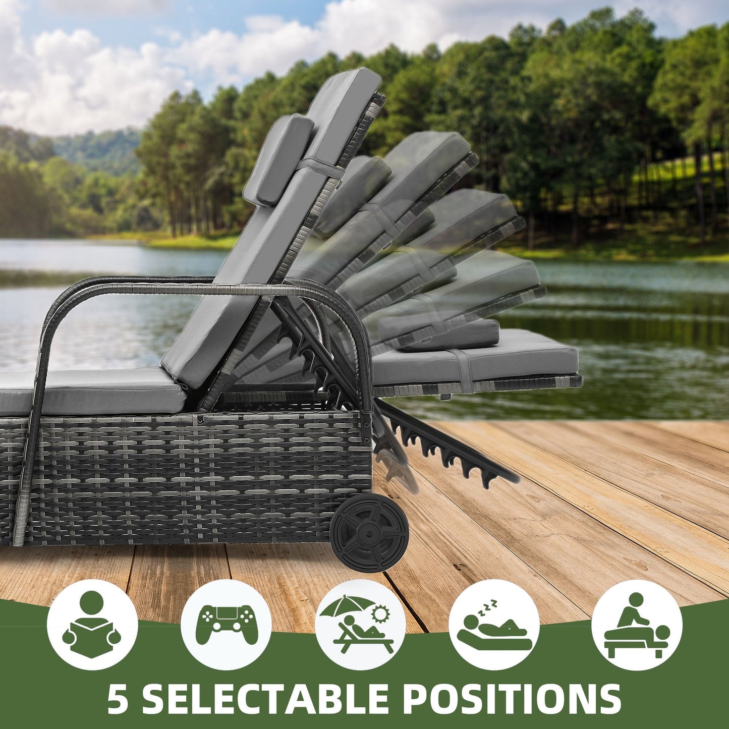 Uforic Wicker Chaise Lounge, 5-Position Lounger with Storage, Cushion, and Wheels, Gradient Gray, 1 Pcs