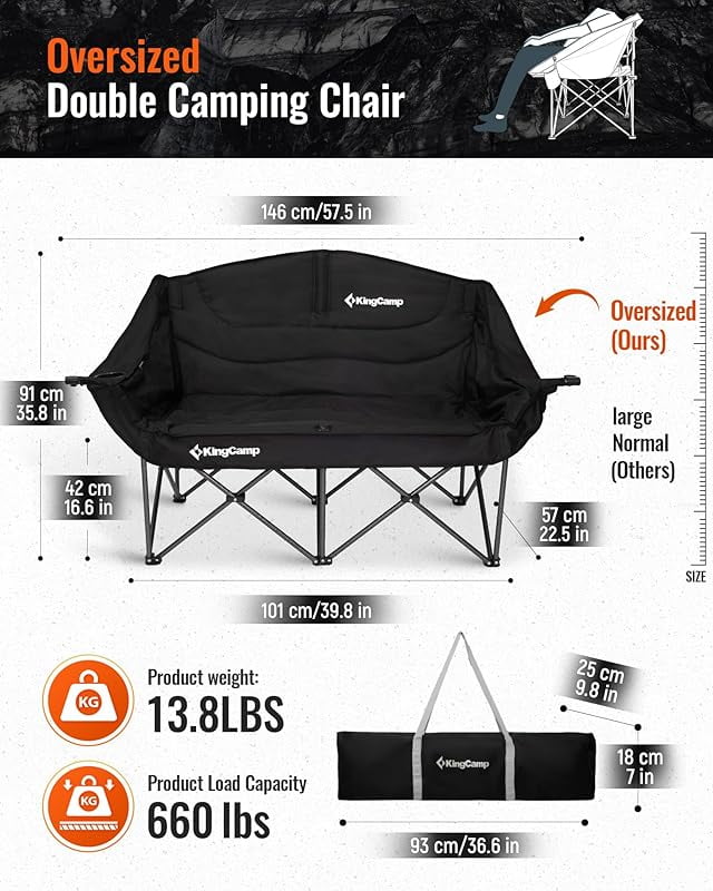 Double Camping Chair, Oversized Heavy Duty Loveseat for Adults Portable Folding XL 2 Person Couch Padded Comfortable Two Seat