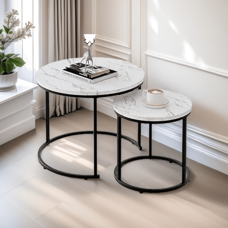 Round Nesting Coffee Table Side Table Set of 2 End Tables for Living Room Bedroom Balcony, White Faux Marble Wooden Table Accent Coffee Table with Black Steel Frame