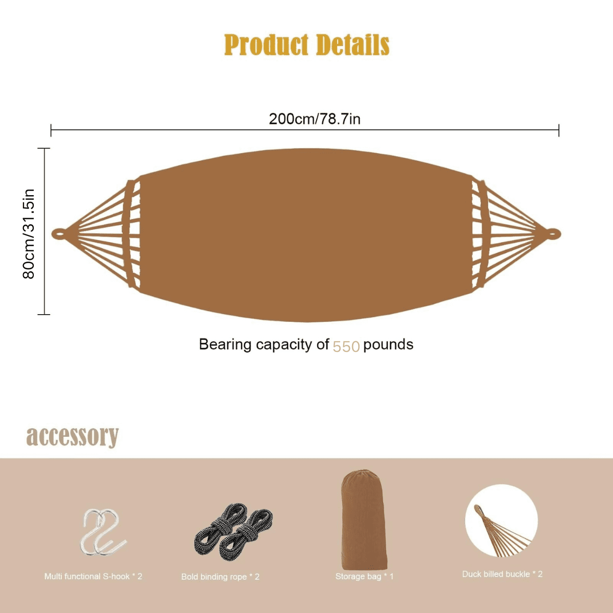 FTCBJJA Single-Person Portable Hammock for Garden - Sturdy Swing Hammock Up to 440lbs with Travel Bag for Porch, Patio, Yard, Bedroom, Outdoor, Beach (Camel)